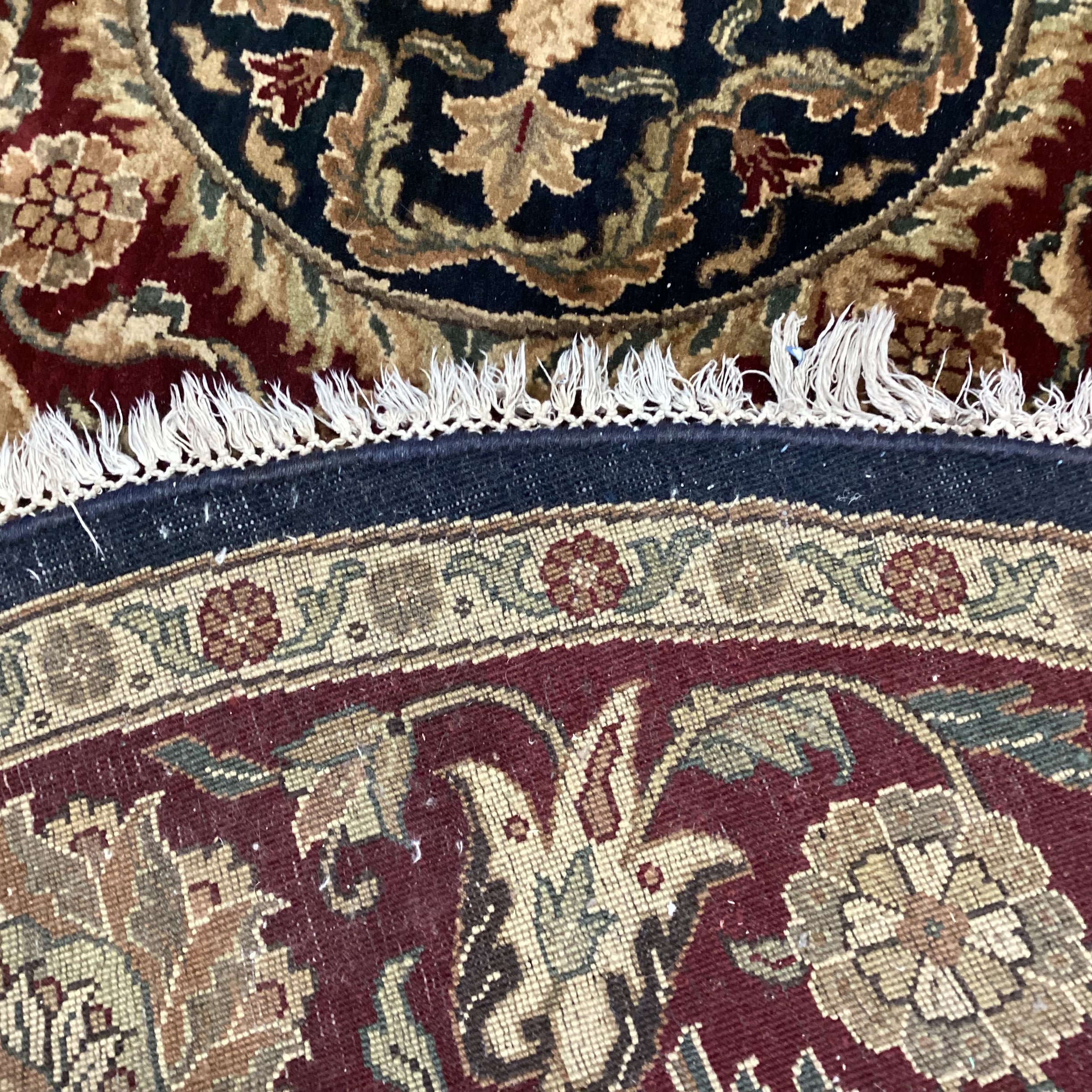Red Blue Gold Round Hand Woven Wool Rug 8'3" Diameter