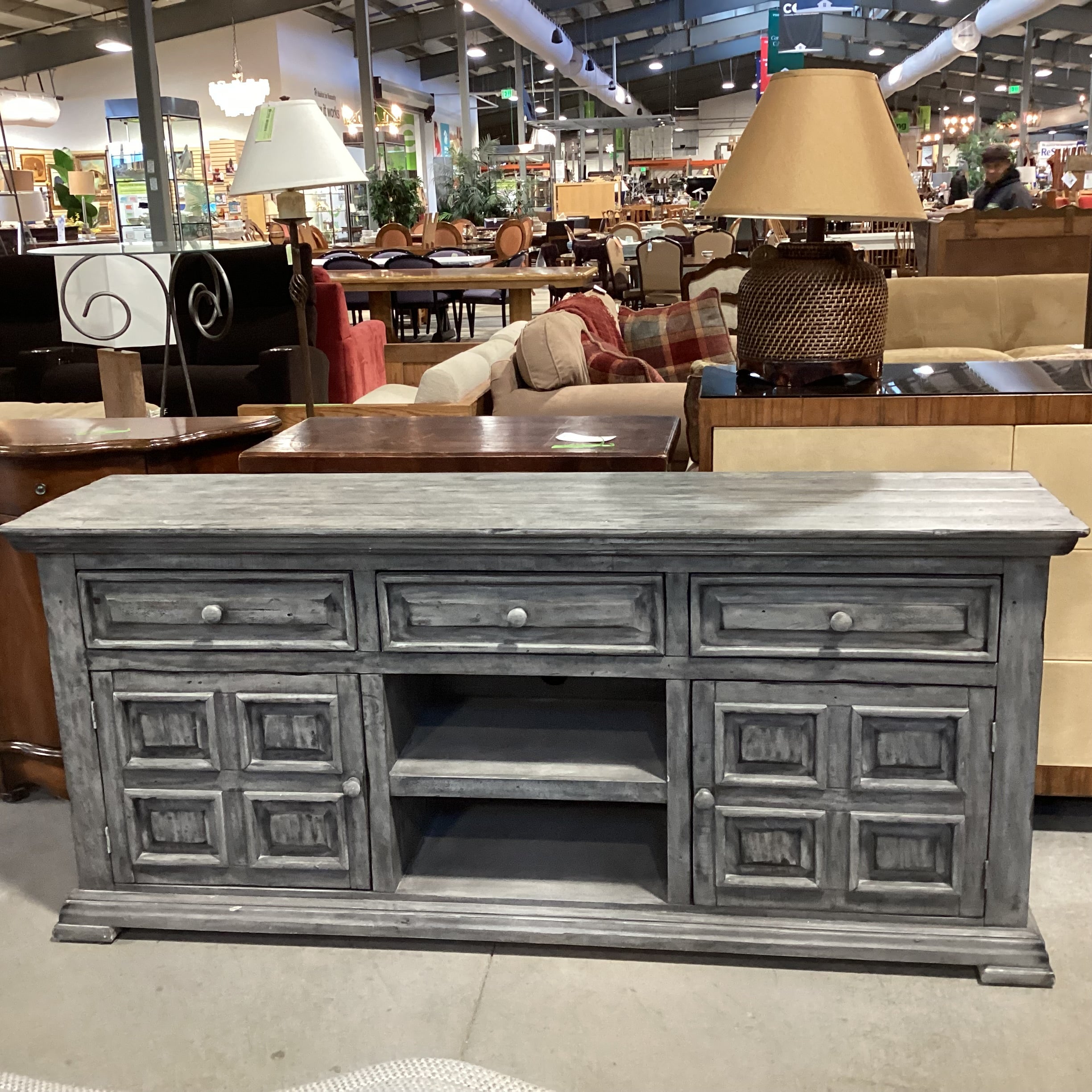 Rustic Distressed Grey Washed Wood  3 Drawer 2 Door & Shelves Console Credenza 71.5"x 17.5"x 32"