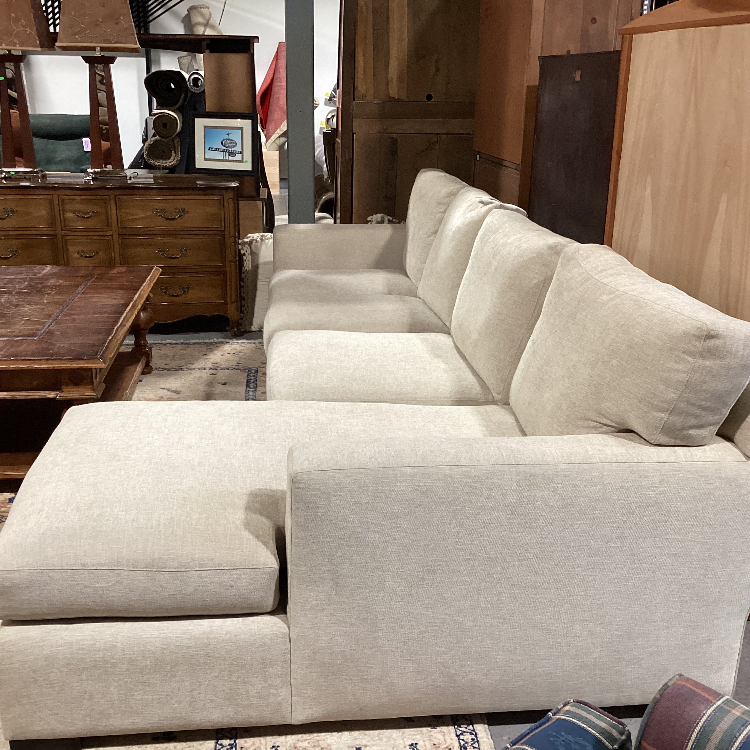 Custom Cream Heather Woven Track Arm 3 Piece with Chaise Sectional 126"x 66"x 42"x 32"