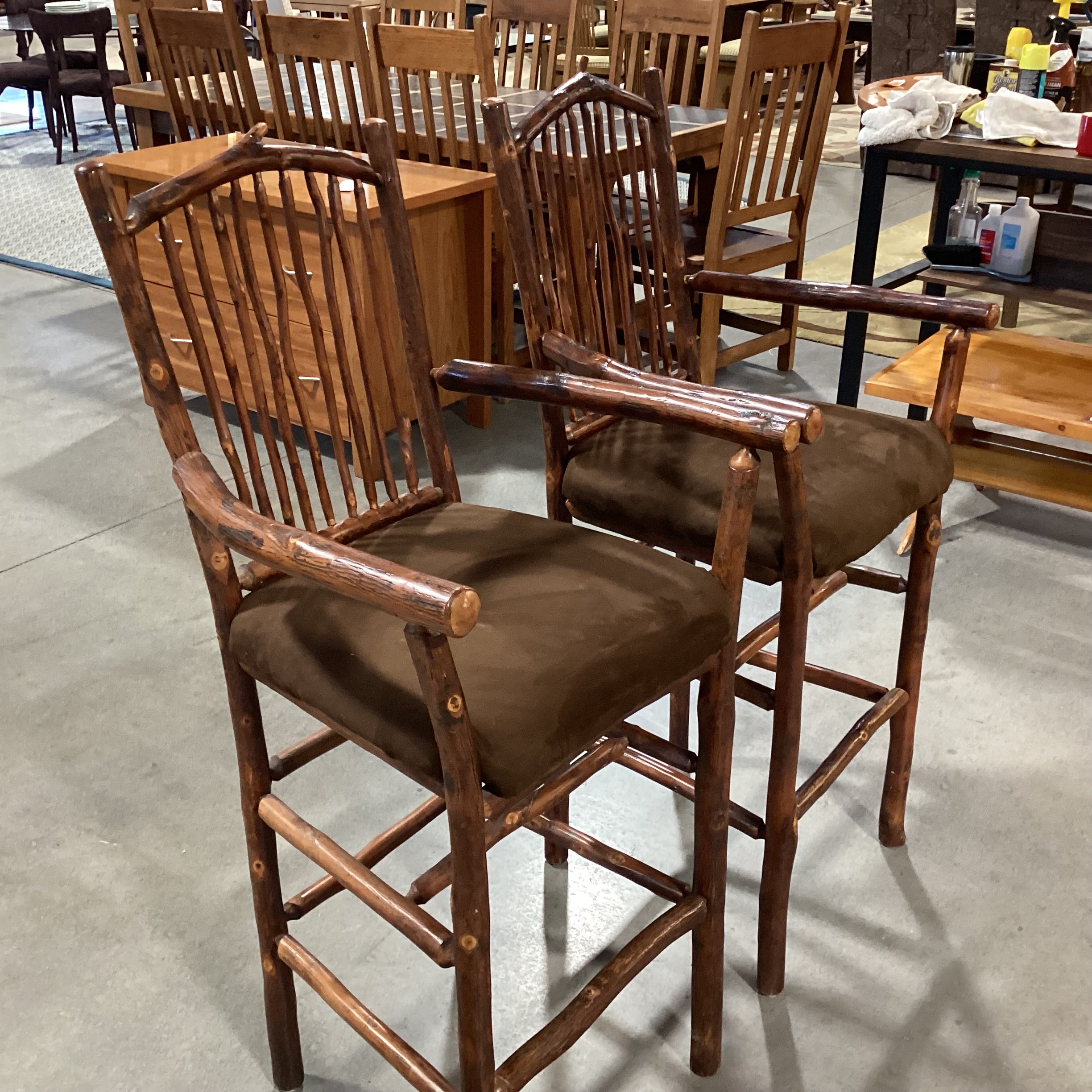 SET of 2 Flat Rock Furniture Hickory & Brown Ultra Suede Barstools 30"