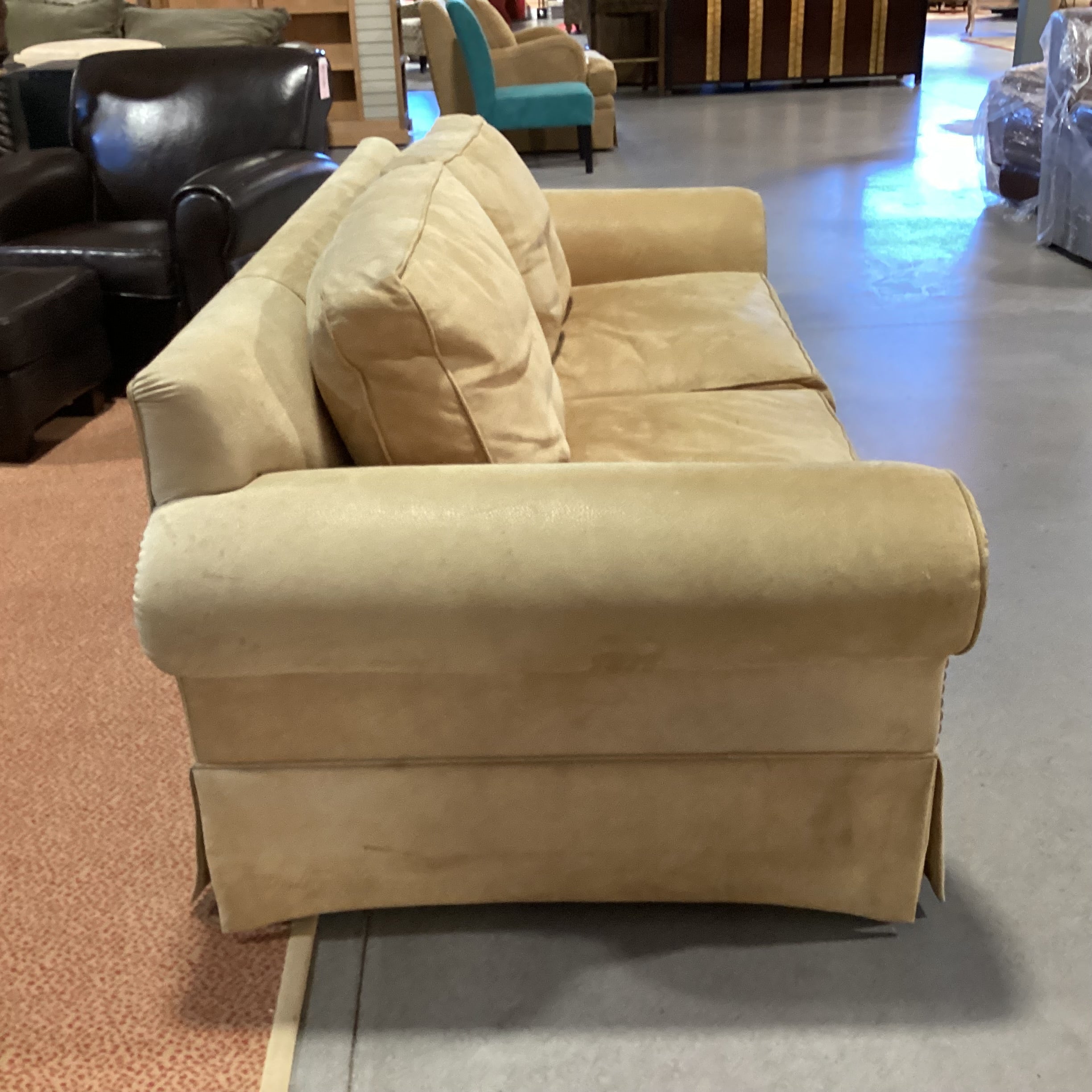 Golden Tan Leather Roll Arm Nailhead Sofa 86"x 40"x 32"