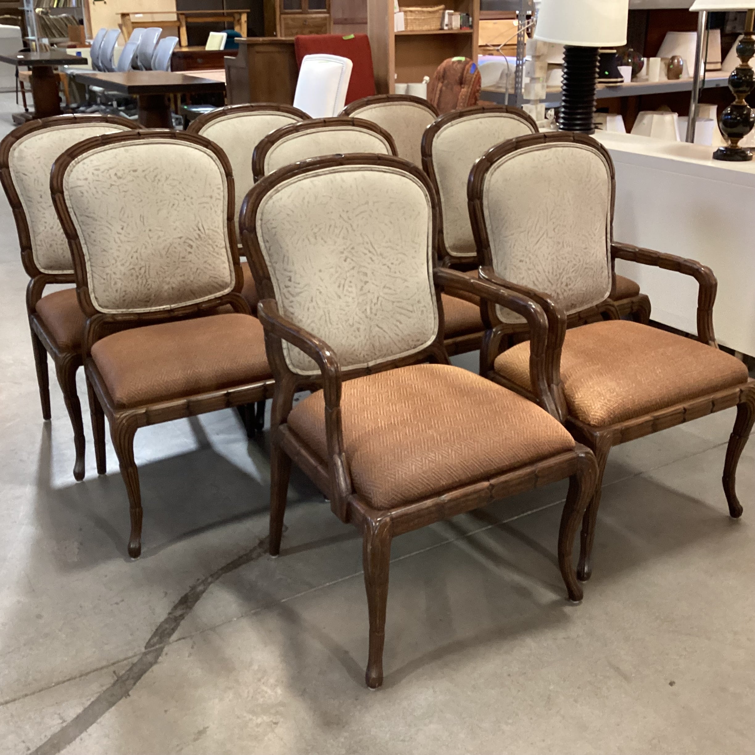 SET of 8 Ornate Carved Wood with Leather  Woven Seat & Suede Back Dining Chairs 24"x 22"x 40"