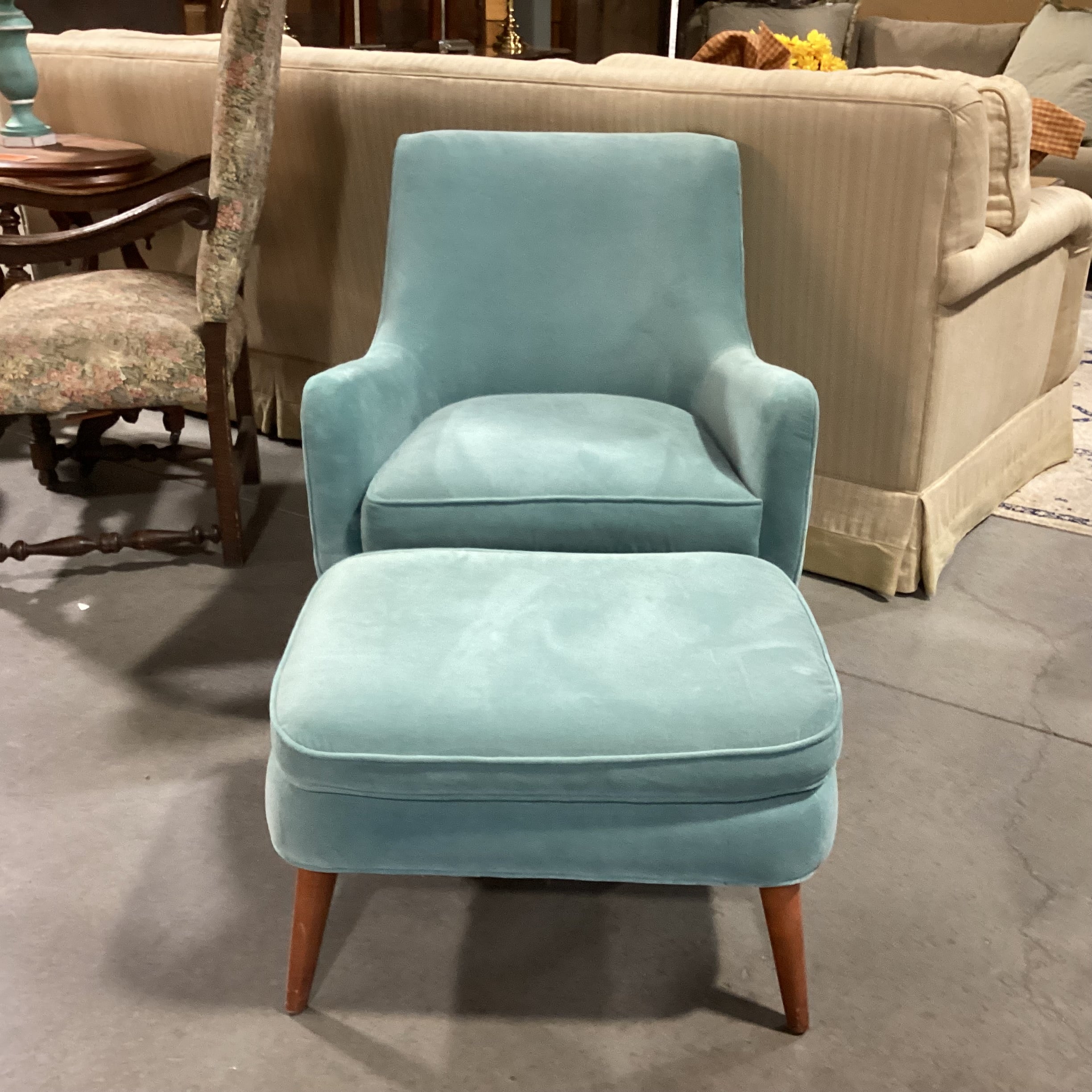 Room & Board Quinn Mid Century Style Seafoam Velvet with Ottoman Chair 30"x 34"x 34'