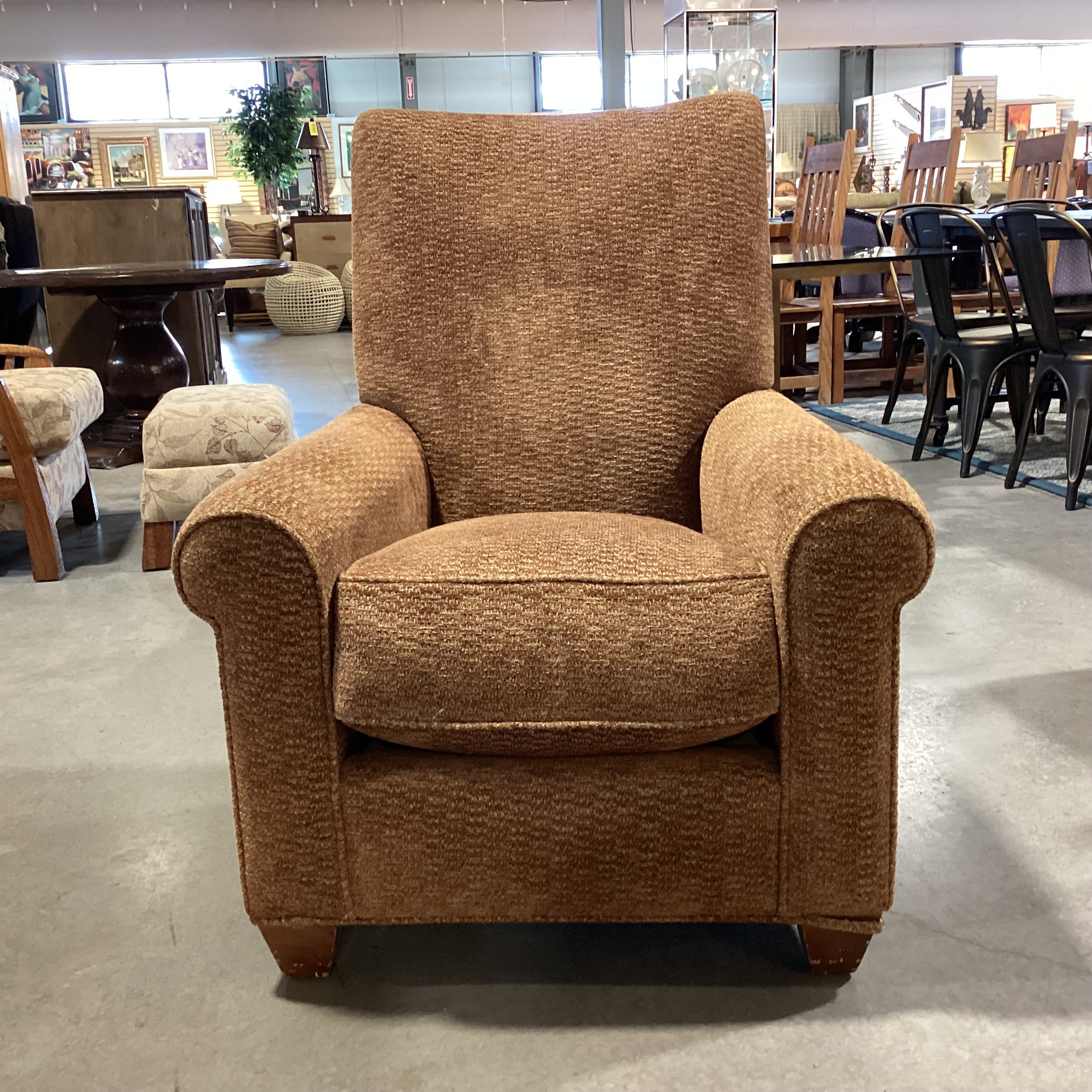 Kisabeth Custom Brown & Rust Rolled Arm Chenille Woven Chair 32"x 36"x 41"