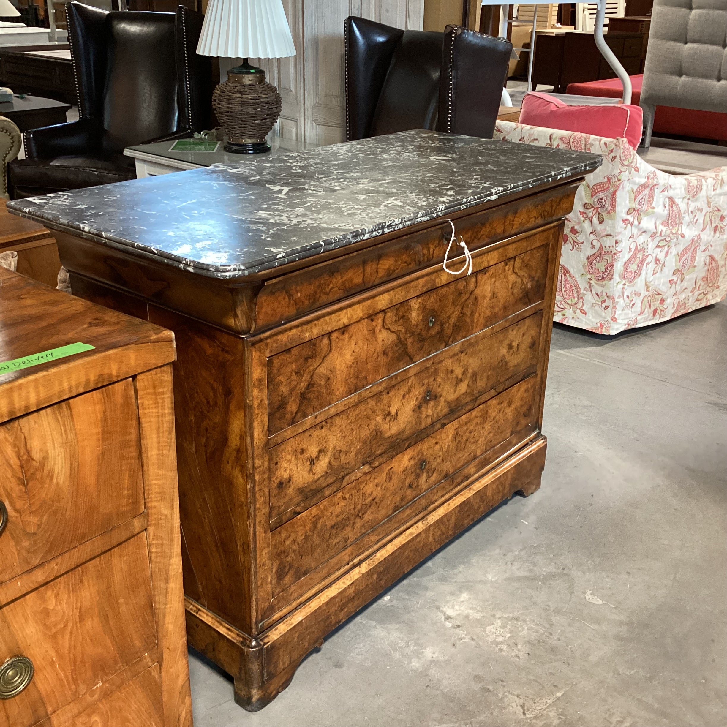 Antique Mediterranean Olive Burl 4 Drawer with Marble Top Desk 52"x 24.5"x 39"