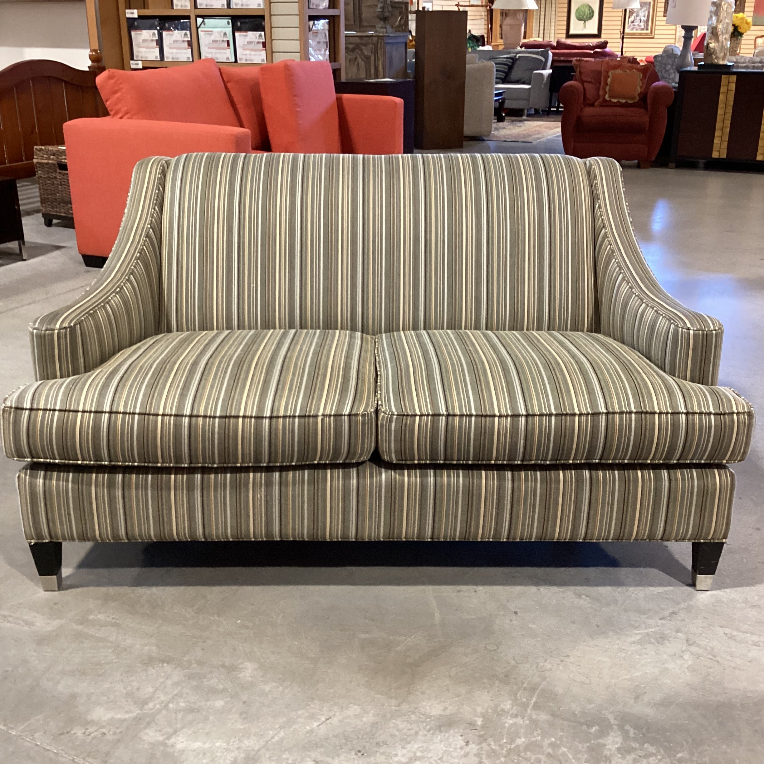 Room & Board Green Gold Brown Stripe with Slope Arm Loveseat Sofa 60"x 36"x 31"