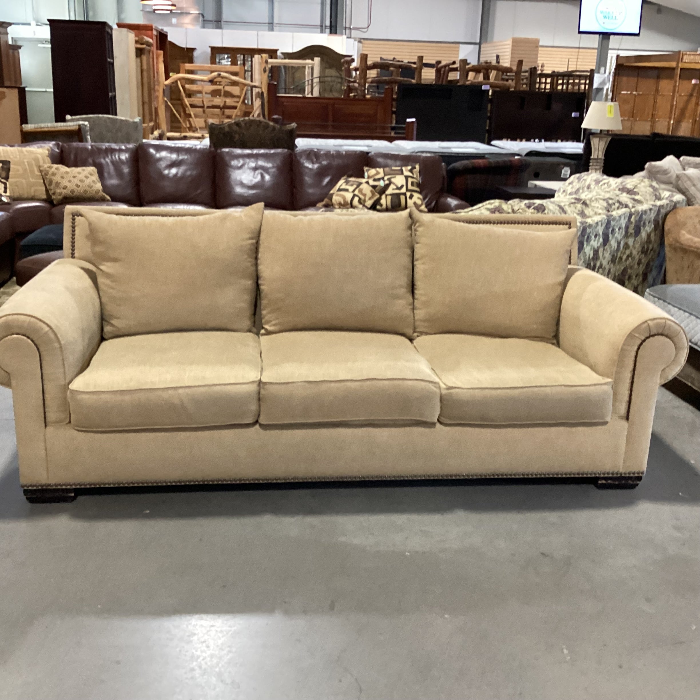 Rene Cazares Golden Tan Nailhead Down Mix Sofa 96"x 31"x 45"
