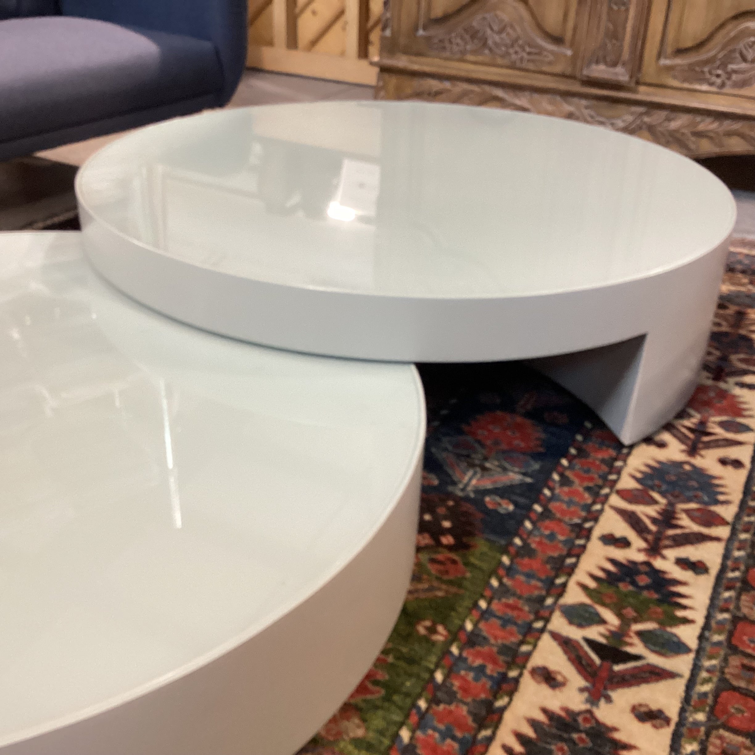 Modern Grey Lacquer & Glass Top Double Nesting Circles Coffee Table 67"x 43.5"x 12"