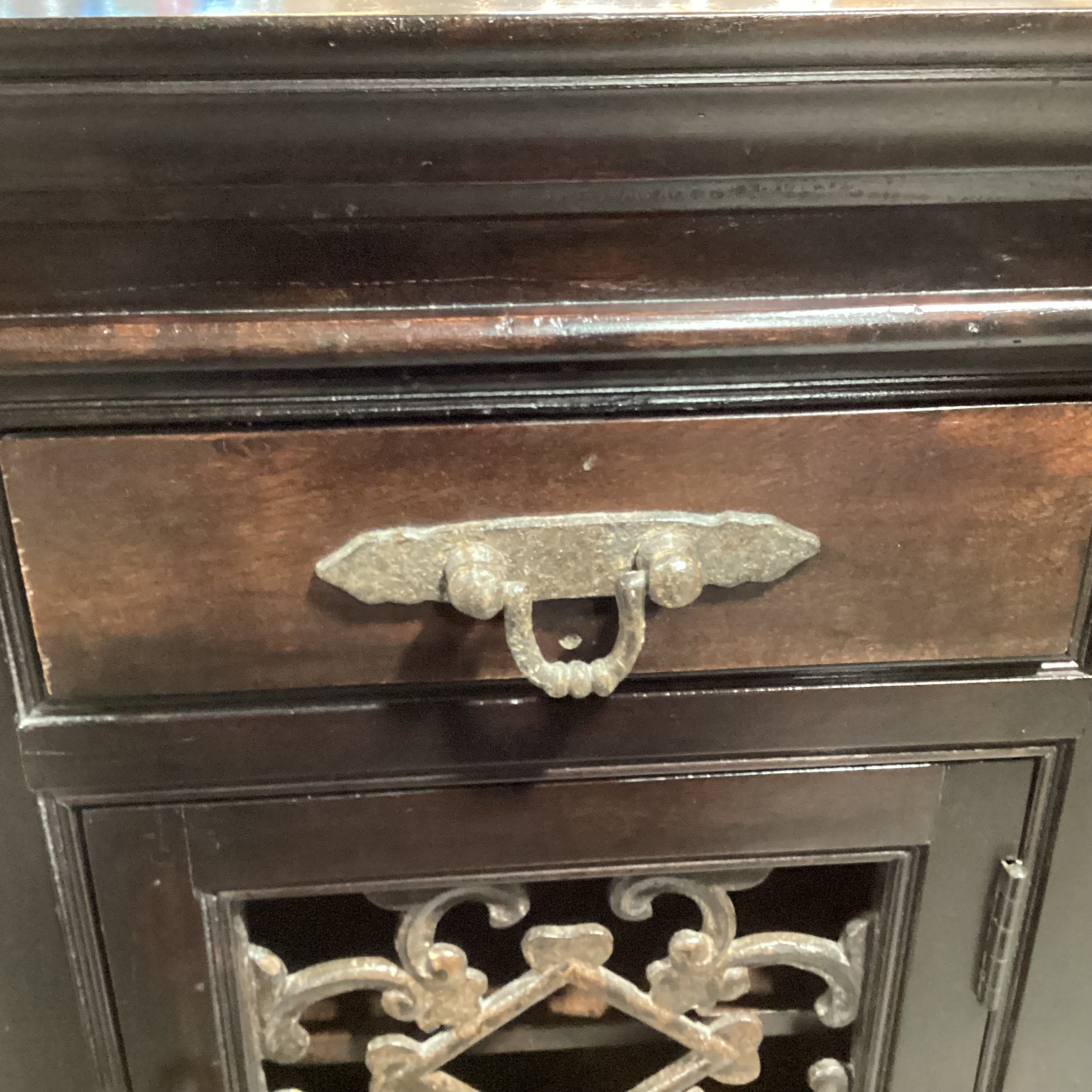 Dark Finish Solid Fruitwood & Iron Detail 1 Door 1 Drawer Nightstand 24"x 16"x 30"
