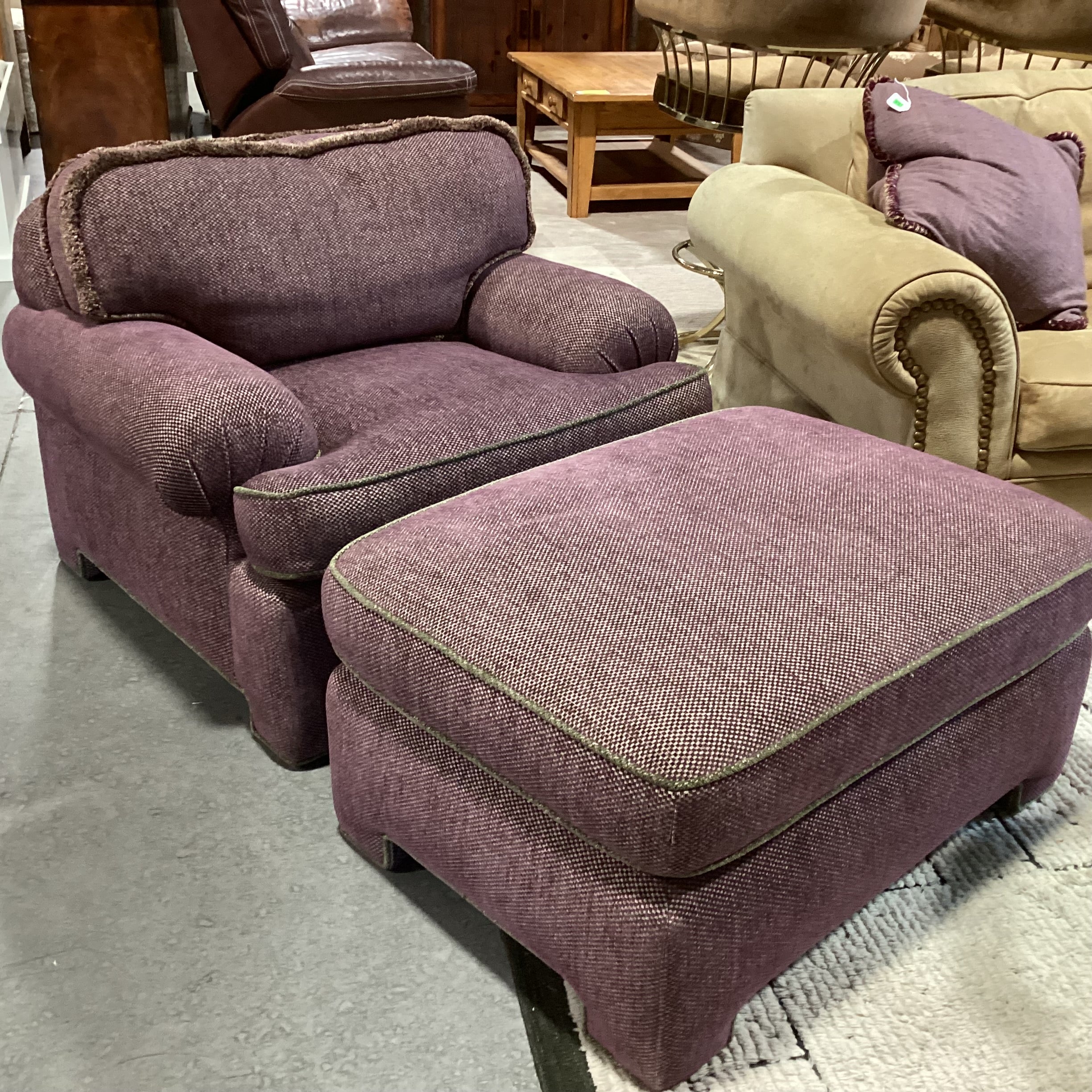 D. Langston Custom Purple & Cream Woven With Green Piping Down Mix With Ottoman Chair 40"x 36"x 28"