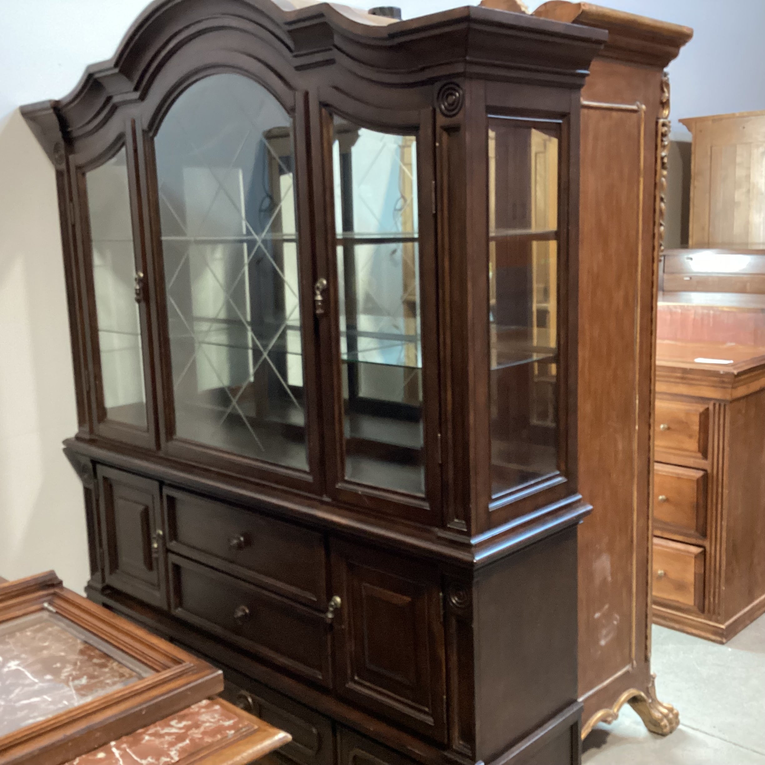 Dark Finish Wood & Glass 5 Drawer 4 Door 2 Piece China Hutch 69"x 18"x 88"