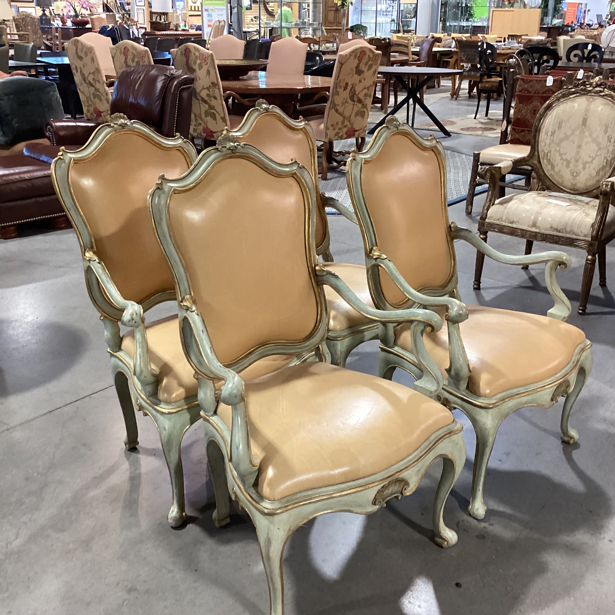 SET of 4 French Provincial Ornate Carved Wood with Gilded Accent & Leather Dining Chairs 26"x 26"x 42"