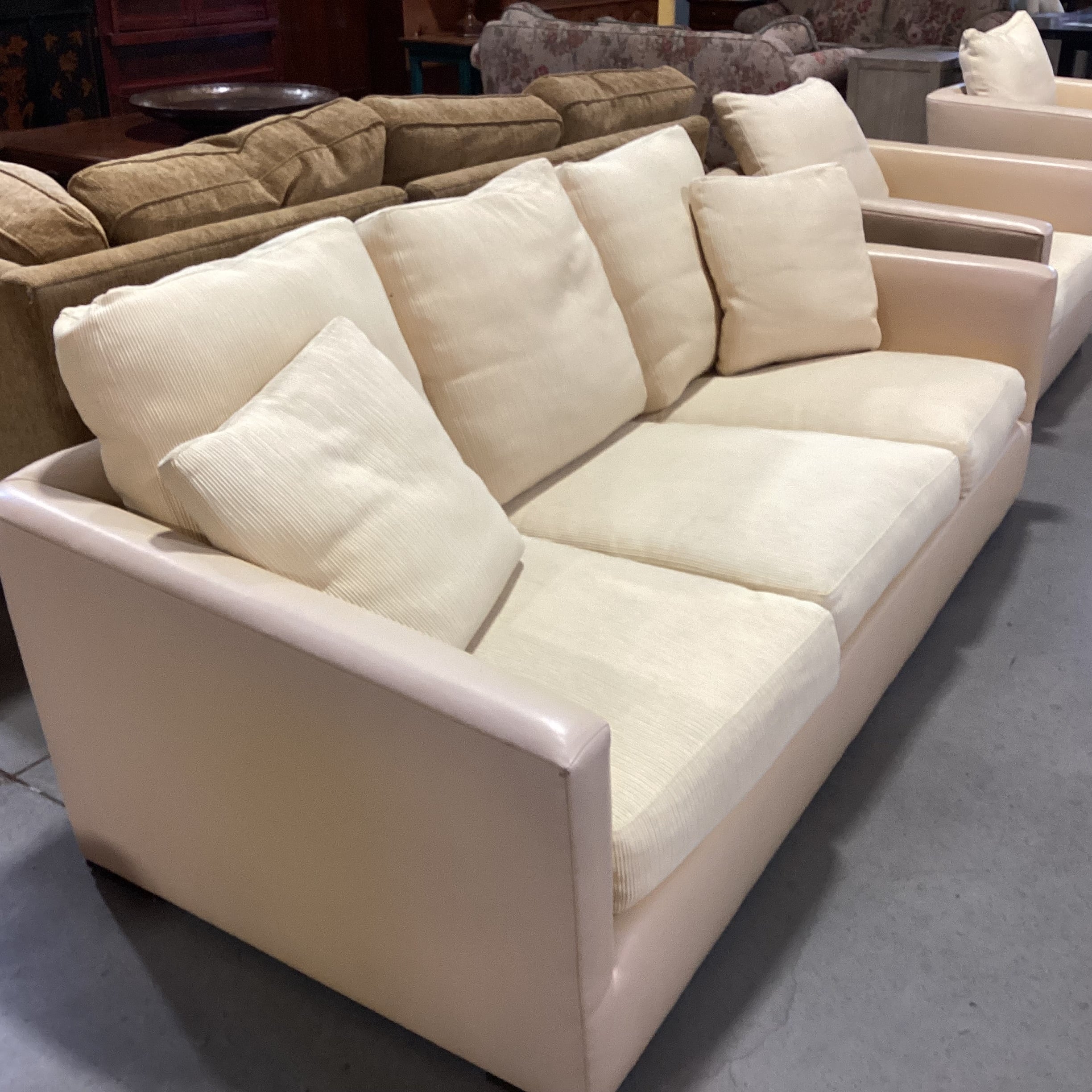 Gina B Custom Blonde Leather & Ribbed Upholstery Down Mix Sofa 90"x 42"x 26"