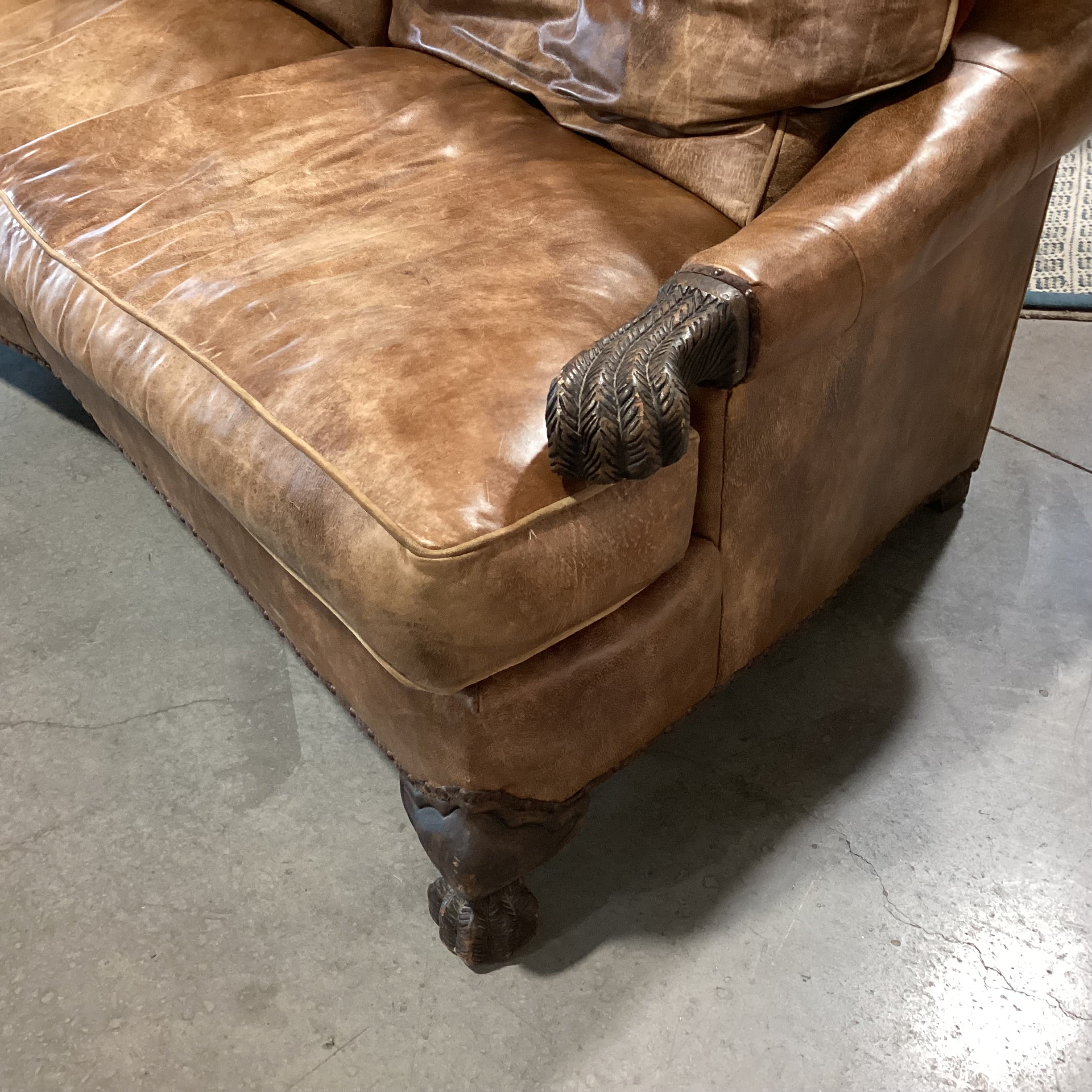 Carol Hicks Bolton & E J Victor Distressed Leather with Reversible Burgundy Velvet Cushions Ornate Carved Wood Down Mix Sofa 92"x 46"x 40"