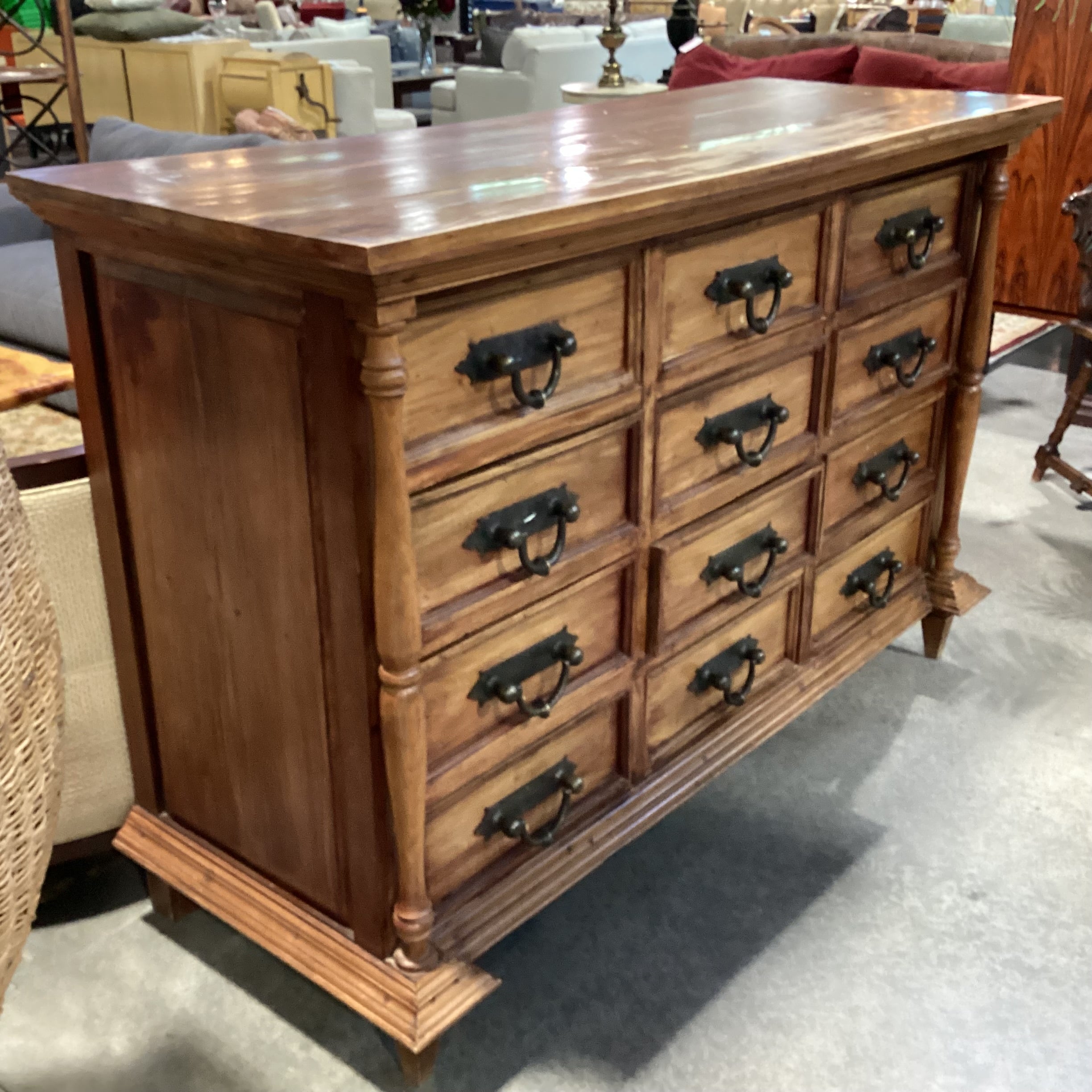 Solid Rustic Carved Wood & Iron 12 Drawer Dresser 68"x 26"x 45.5"