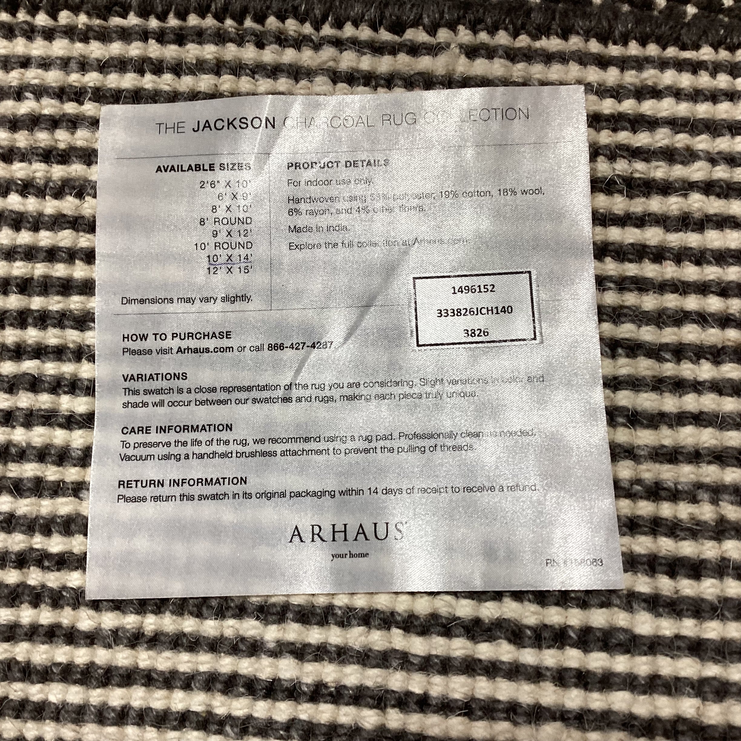 Arhaus Jackson Collection Charcoal & Cream Woven Poly Cotton & Wool Rug 10'x 14'