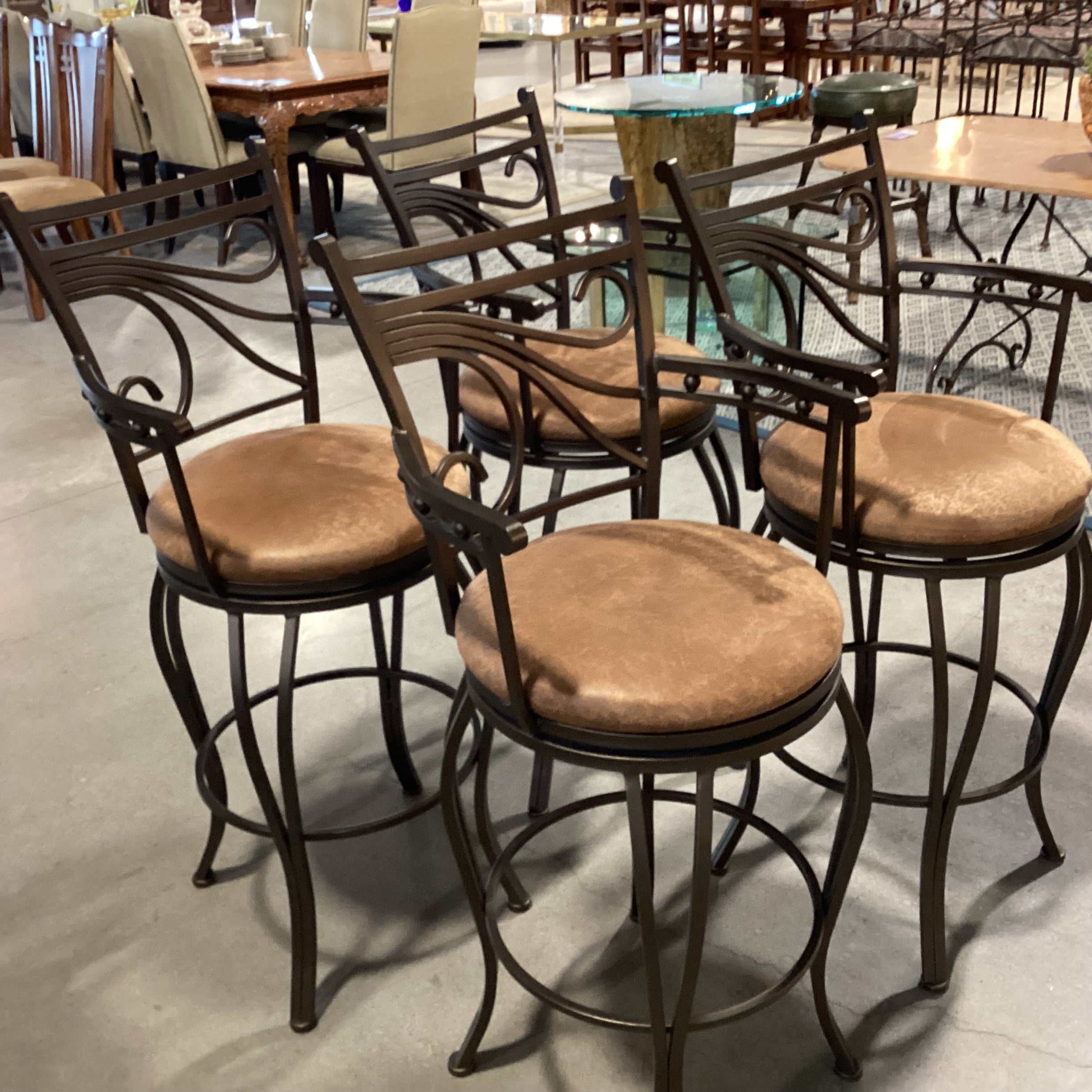 SET of 4 Ornate Metal & Faux Leather Style Swivel Barstools 30"