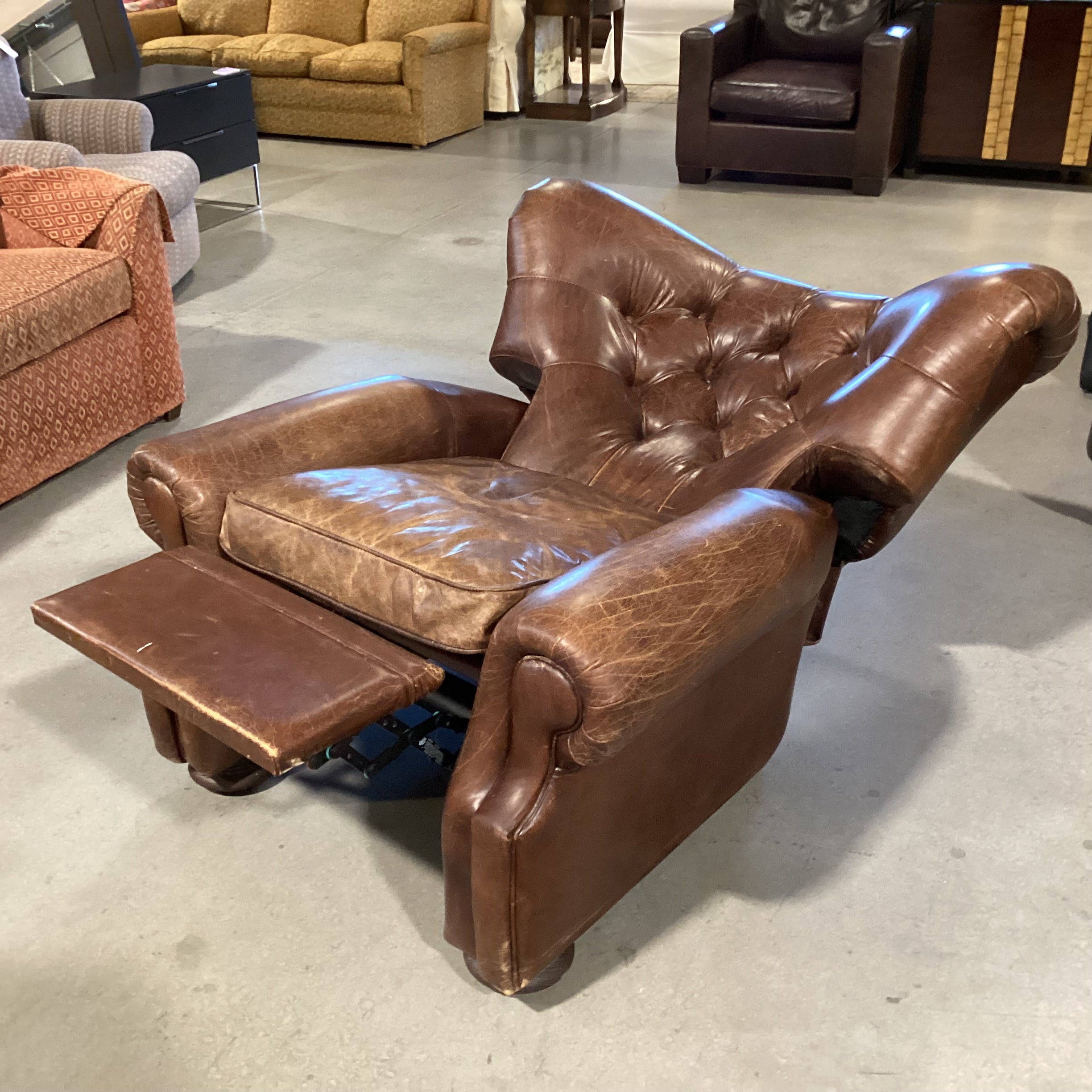 Restoration Hardware Distressed Leather Tufted Recliner Chair 42"x 42" to 64"x 38"