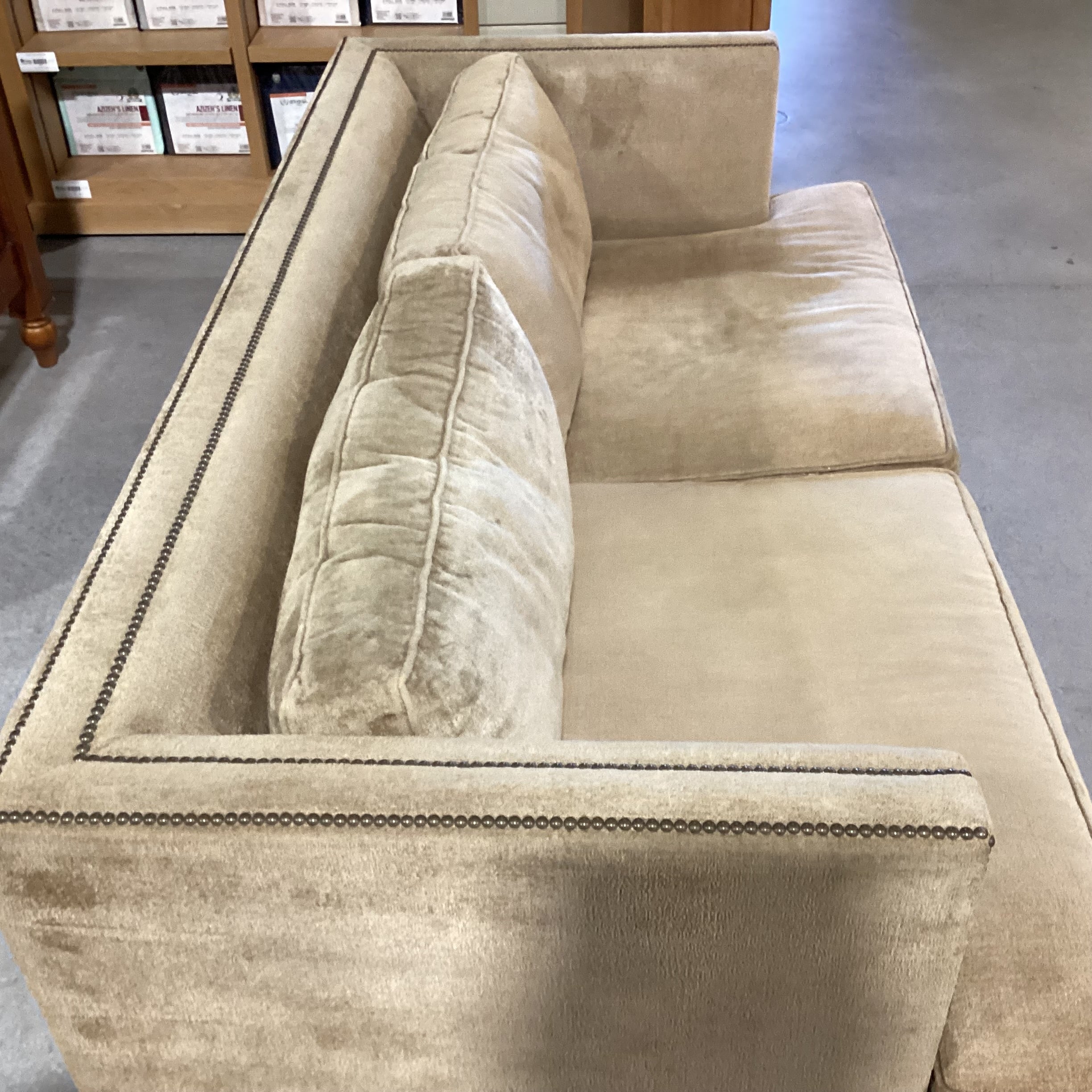 Mitchell Gold Bob Williams Golden Tan Chenille Woven with Nailhead Sofa 81"x 44"x 31"