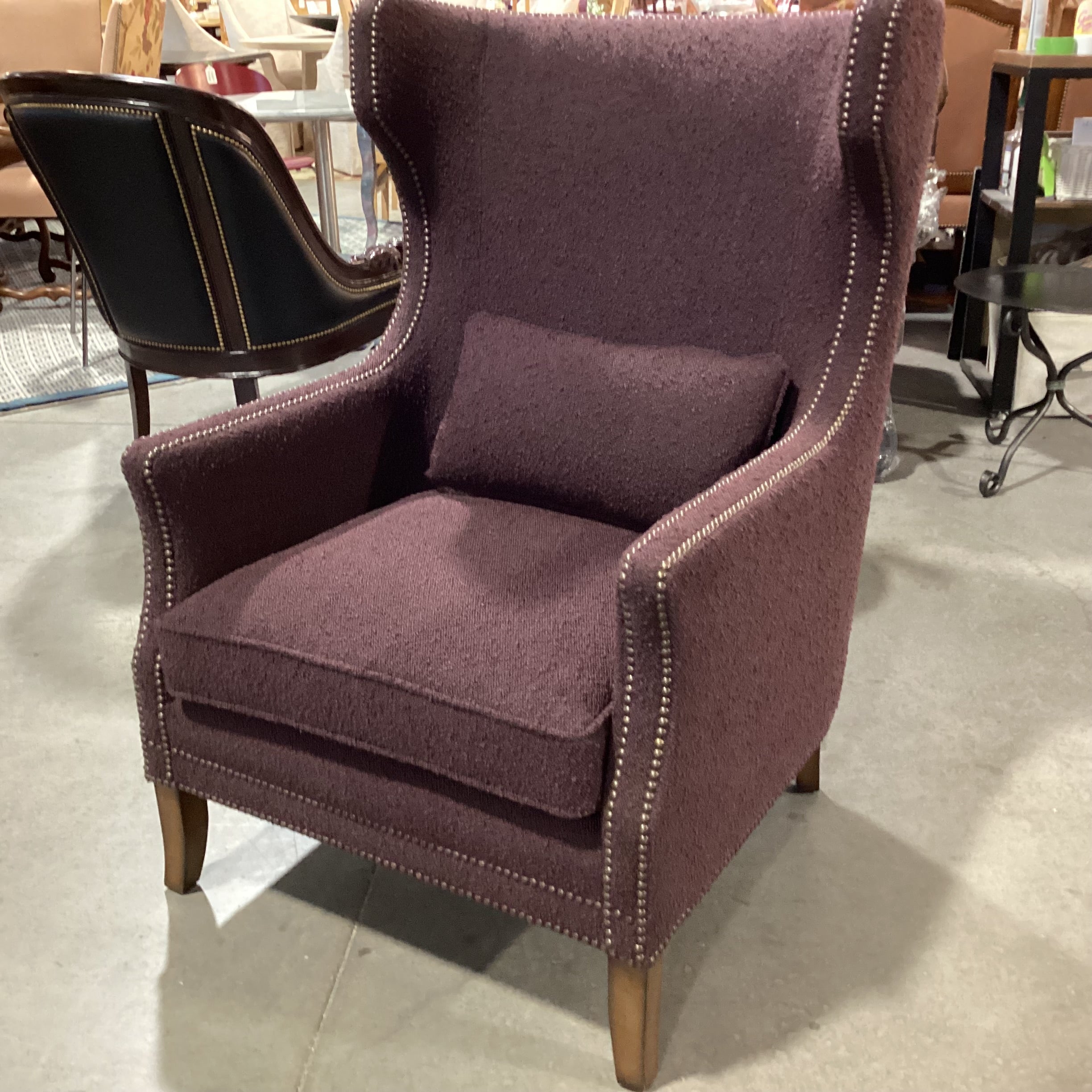 Bernhardt Plum Boucle Nailhead Contemporary Curve Back Wing Chair 32"x 38"x 44"