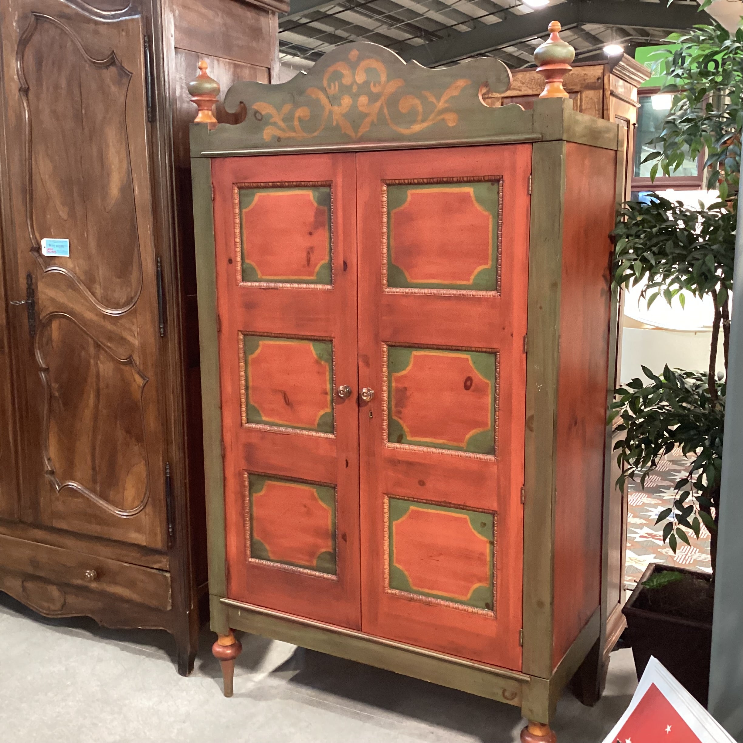 Custom Carved Wood Antiqued Red & Green Handpainted 2 Door Wardrobe Armoire 46"x 24"x 82"