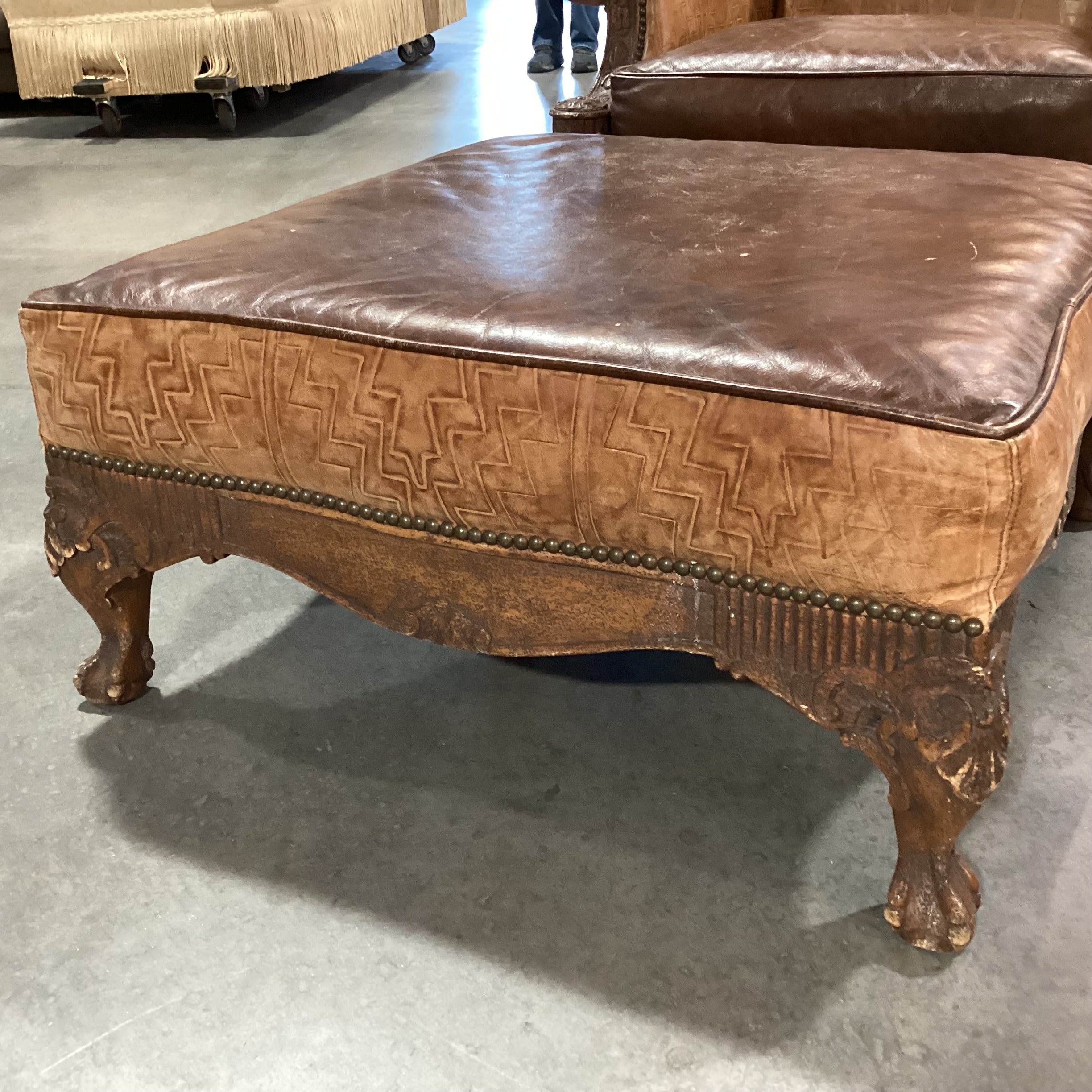 Old Hickory Tannery 2 Tone & Embossed Leather Nailhead Ornate Carved Wood with Ottoman Chair 38"x 36"x 37.5"