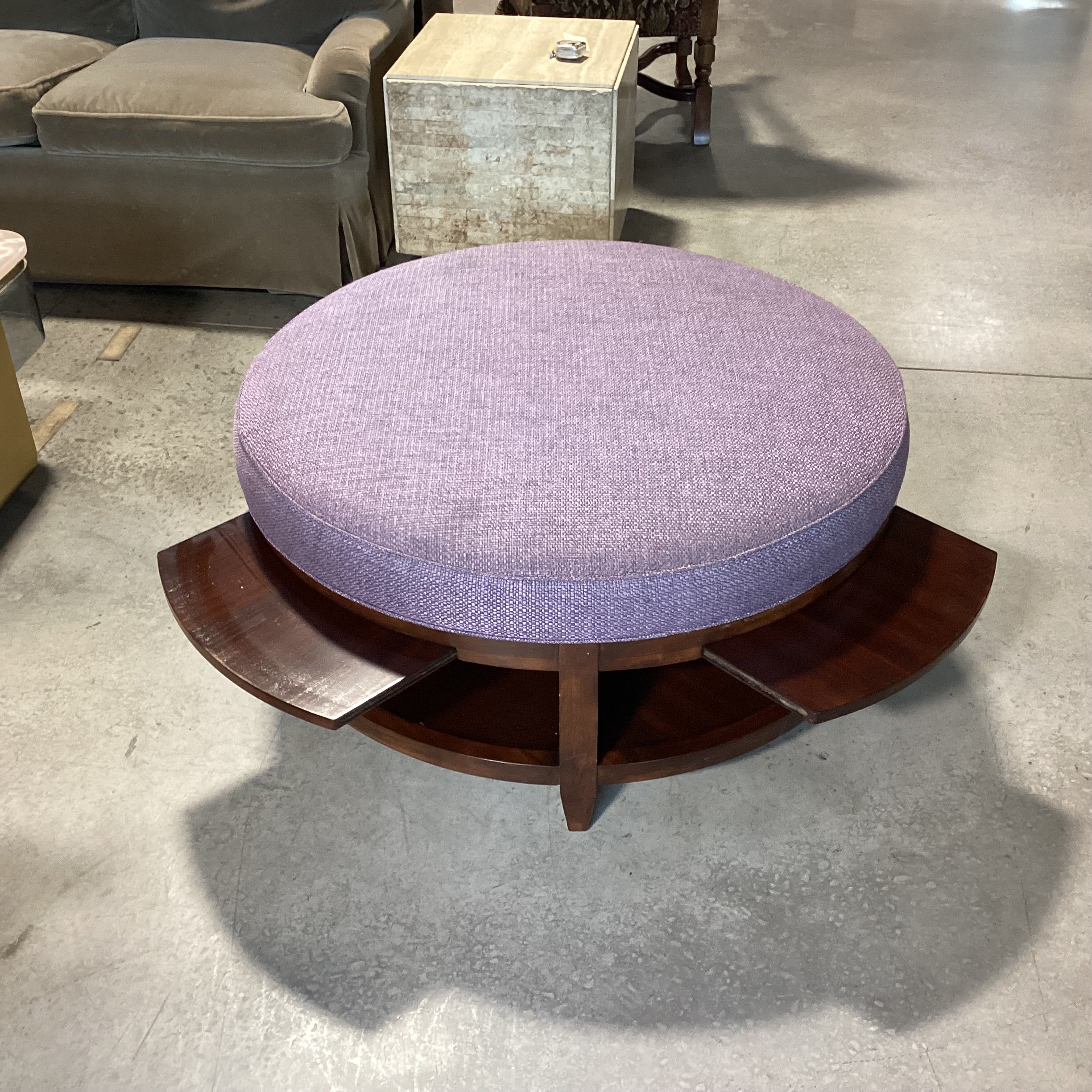 Dark Finish Wood & Plum Woven 2 Tiered with 4 Pullout Tray Sides Round Cocktail Ottoman 41" to 54" Diameter x 19"