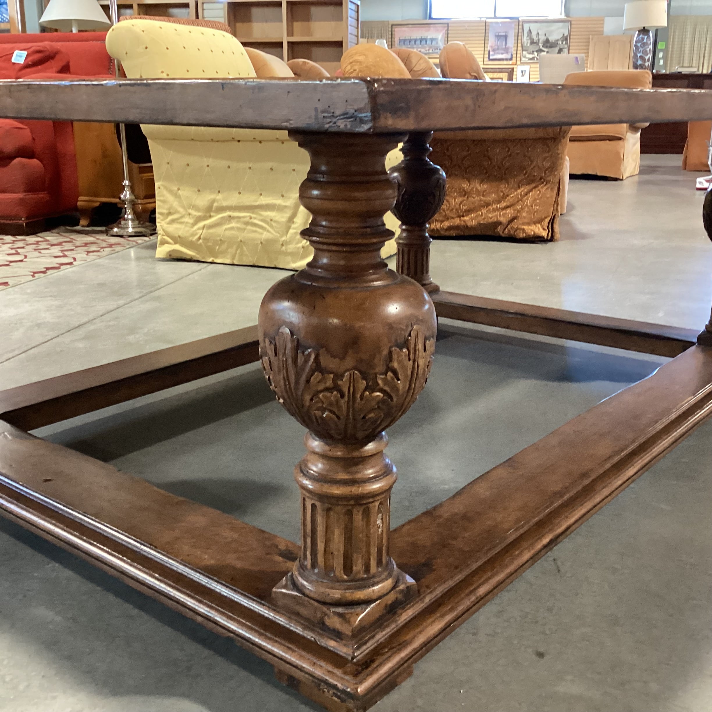 Solid Distressed Finish Wood with Ornate Carved Legs & Top Diamond Detail Coffee Table 63"x 45"x 24"