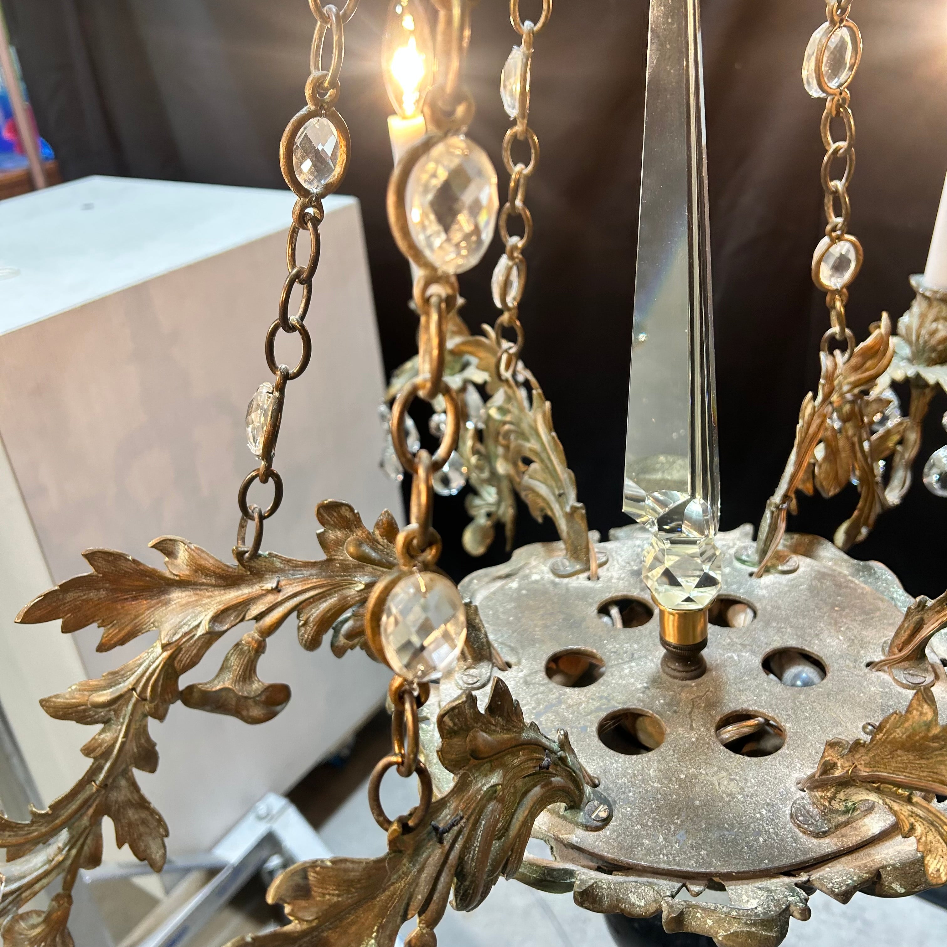 Antique European -Style Brass Gilt With Crystal Prisms  34"x 30"Chandelier