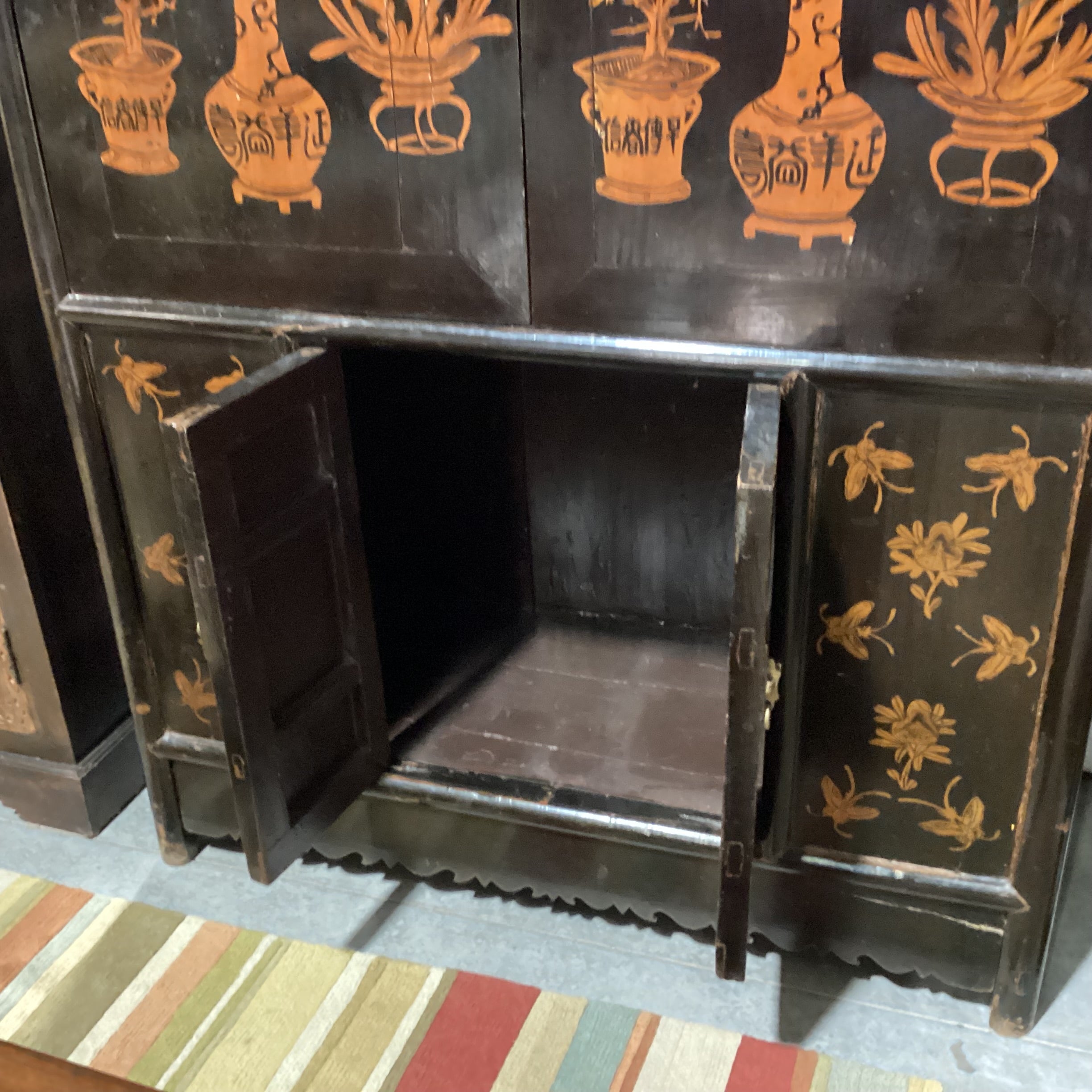 Vintage Antique Asian Black Lacquer & Gold Painted Vase Florals 4 Door with Shelves Armoire 52"x 23"x 79"