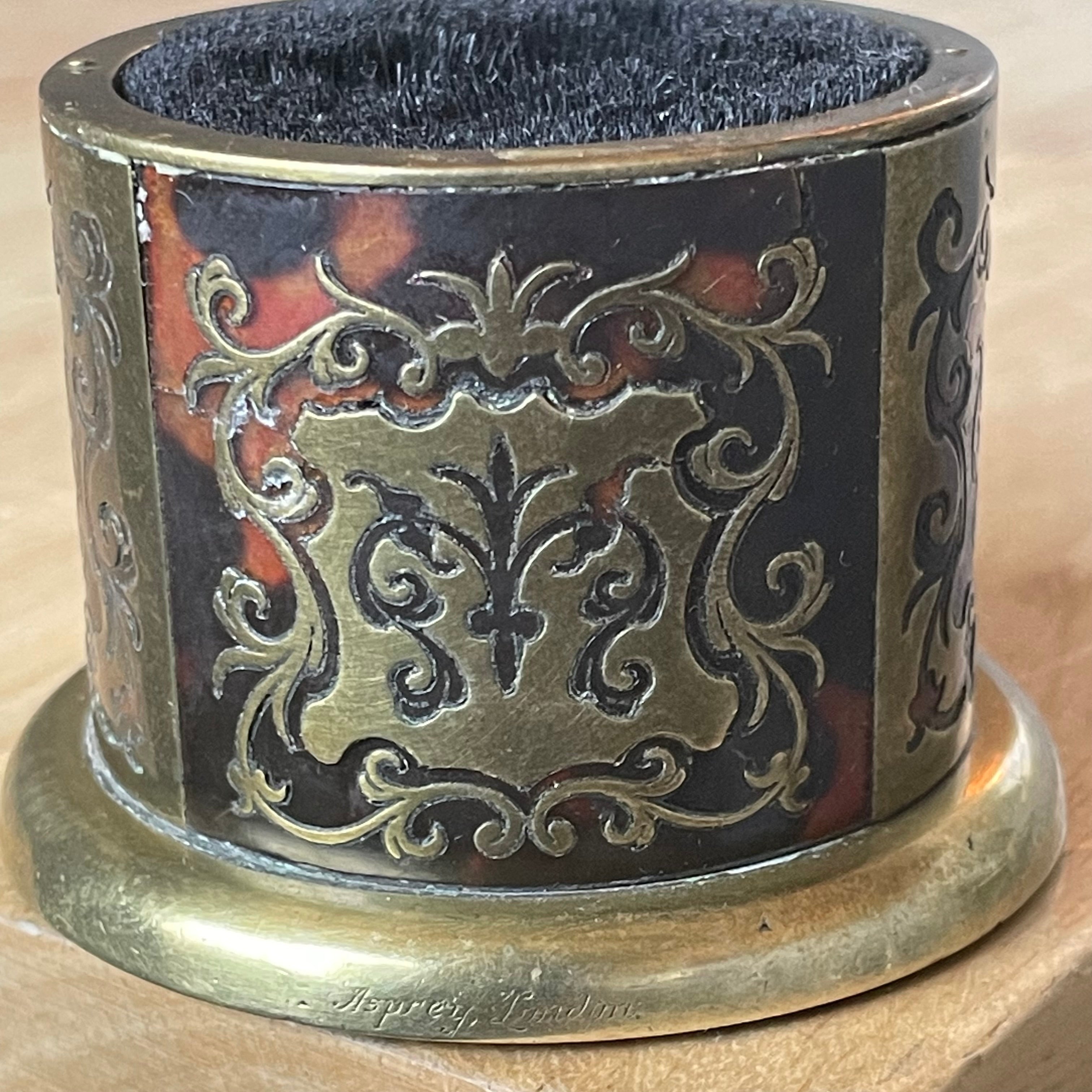 Antique Victorian Boulle Style Intricate Brass & Red Tortoise Shell Pen Pot/Wiper, 2.5"x 2"