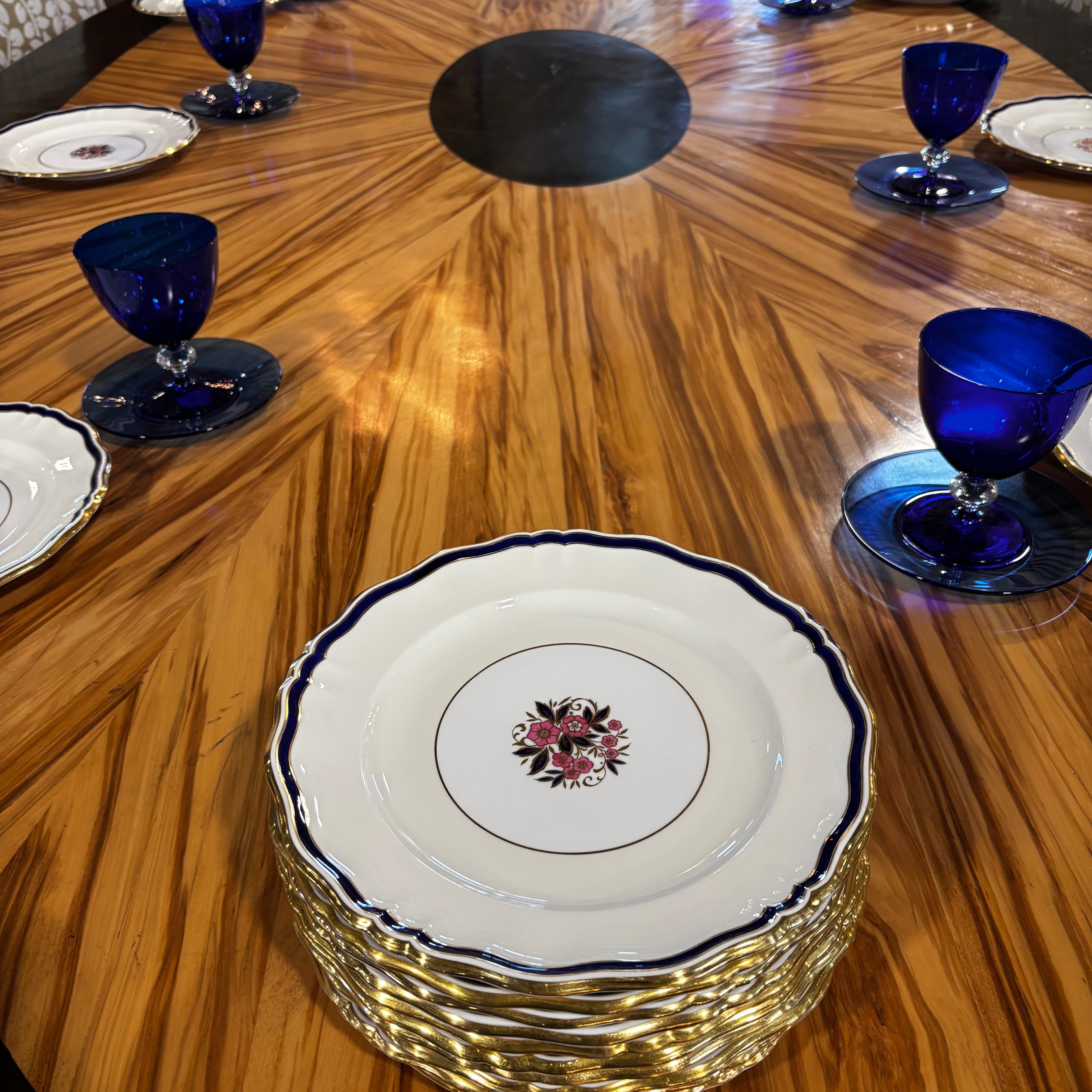 Antique Set of 18 Made For Tiffany's Minton Cobalt Blue, Gold Encrusted Rim  #4345 Bone China  Dinner Plates, 10.5" Each