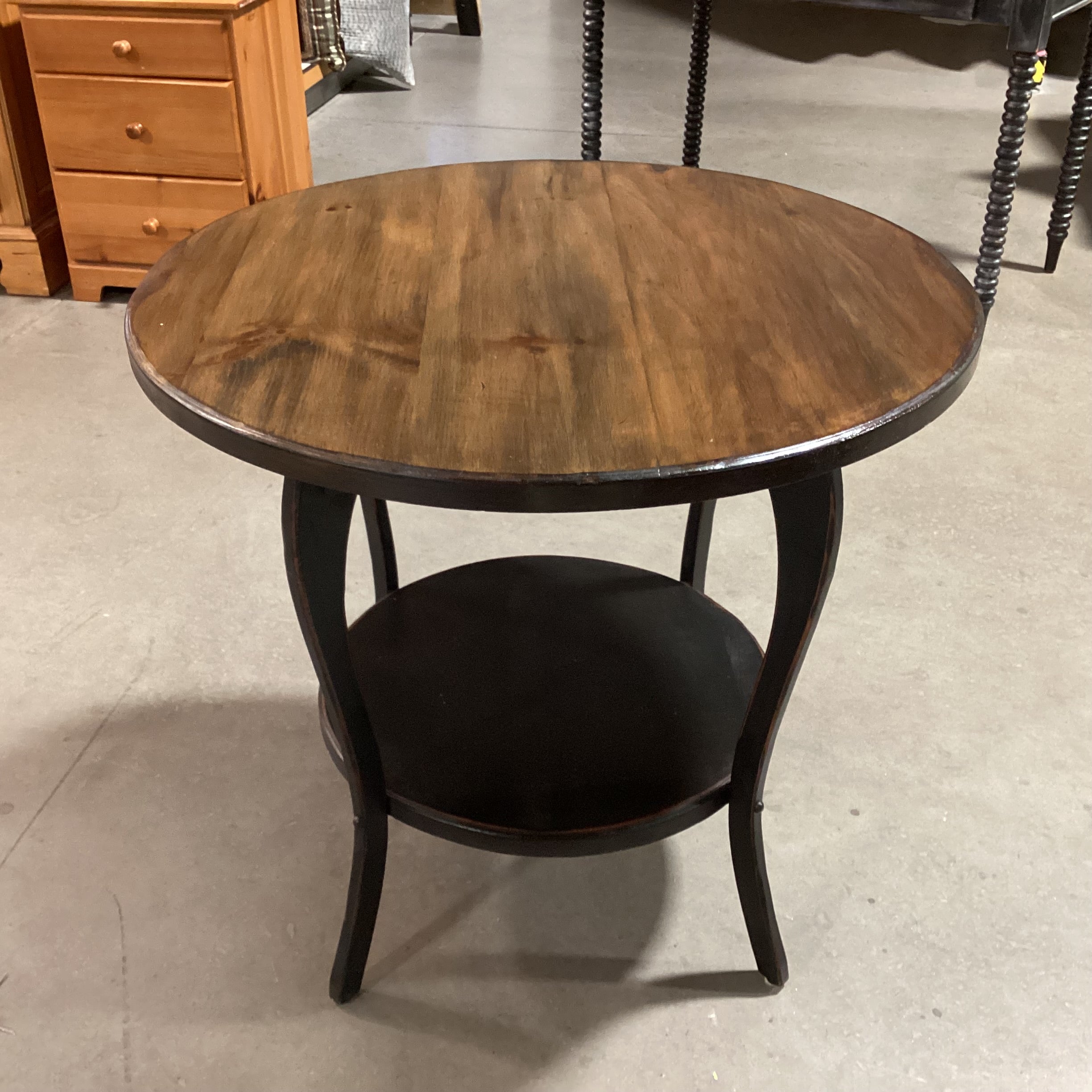 2 Tone Finish Carved Wood 2 Tiered Round Accent Table 30" Diameter x 28"
