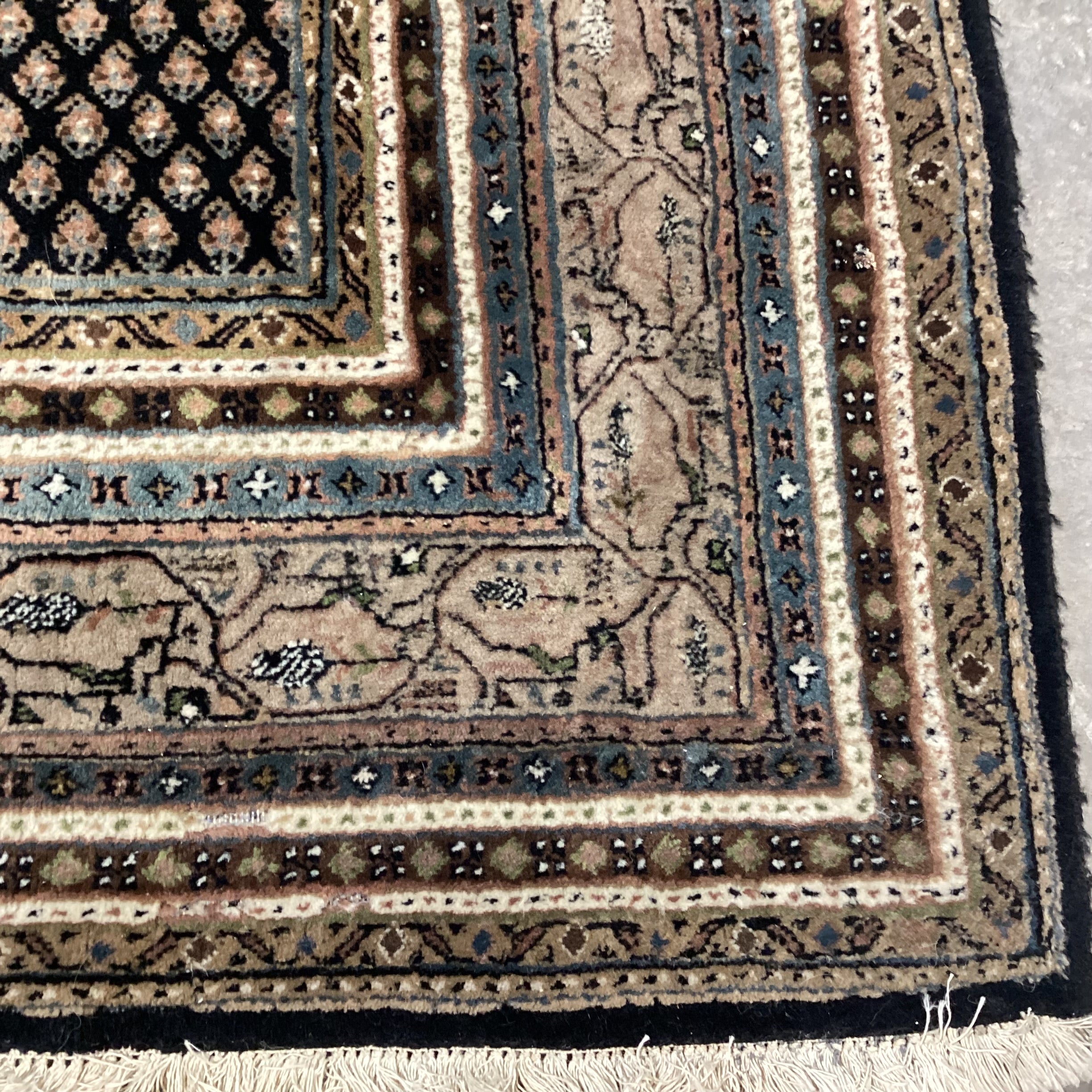 Cream Black Blue Taupe Olive Indo Mir Boteh Motif Hand Woven Wool Rug 6"x 9'4"