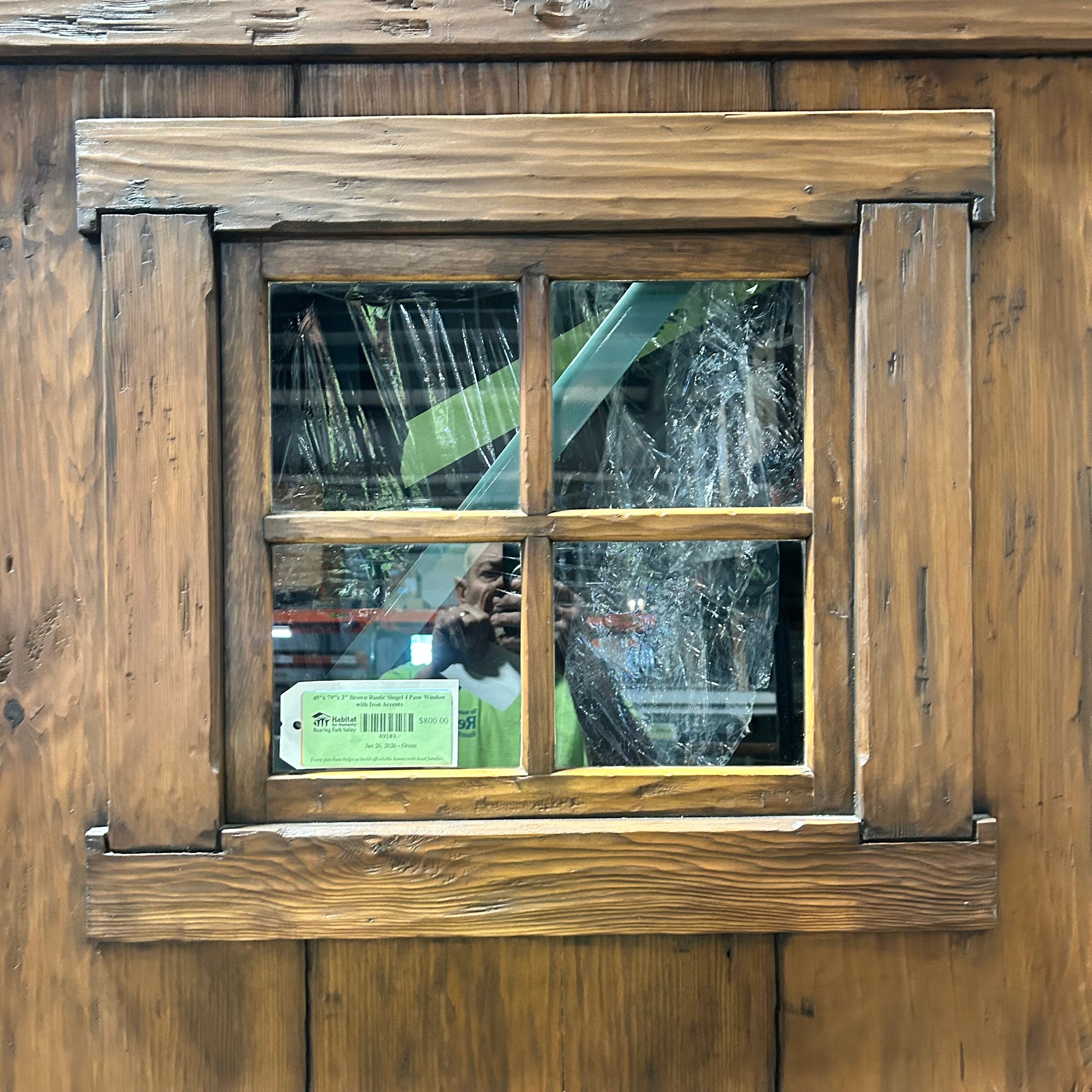 45"x 79"x 2" Brown Rustic Singel 4 Pane Window with Iron Accents