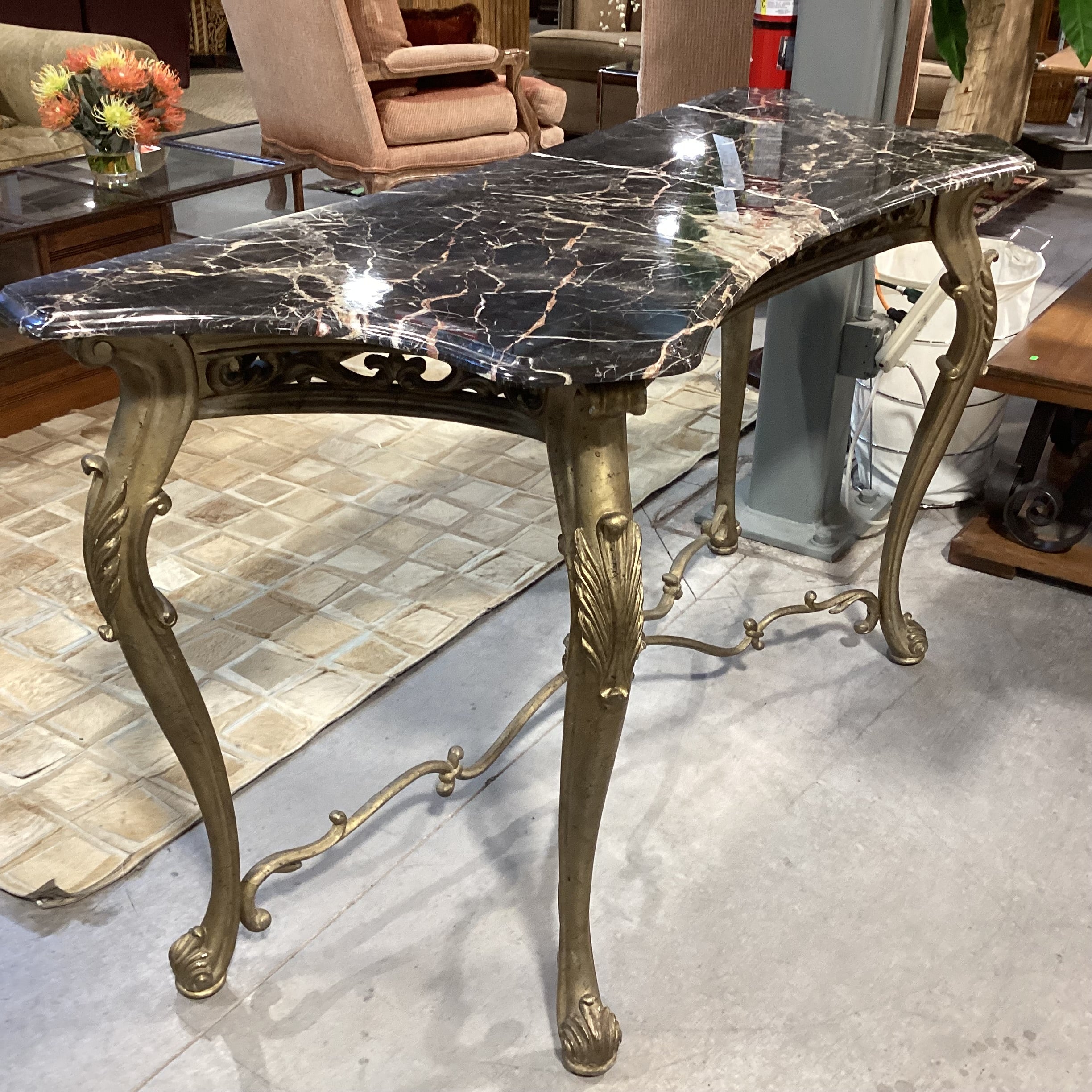 Gilt Gold Carved Wood Style Composite & Marble Top Accent Table 60"x 23"x 34.5"