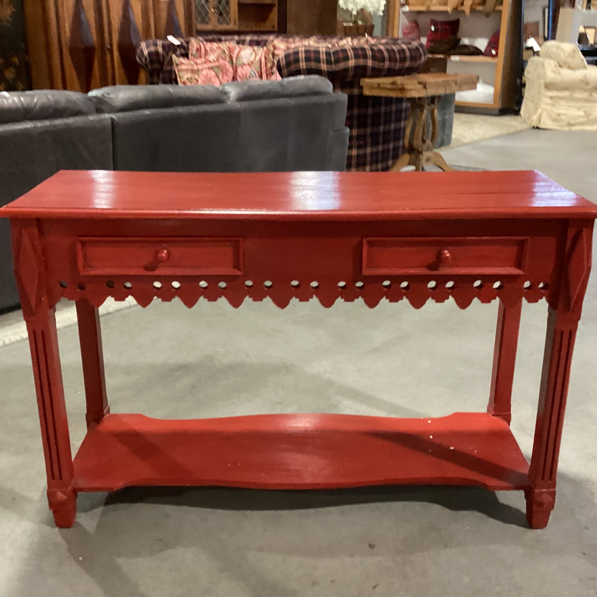 Red Finished Carved Wood 2 Drawer with Bottom Shelf Sofa Table 47"x 17"x 30"
