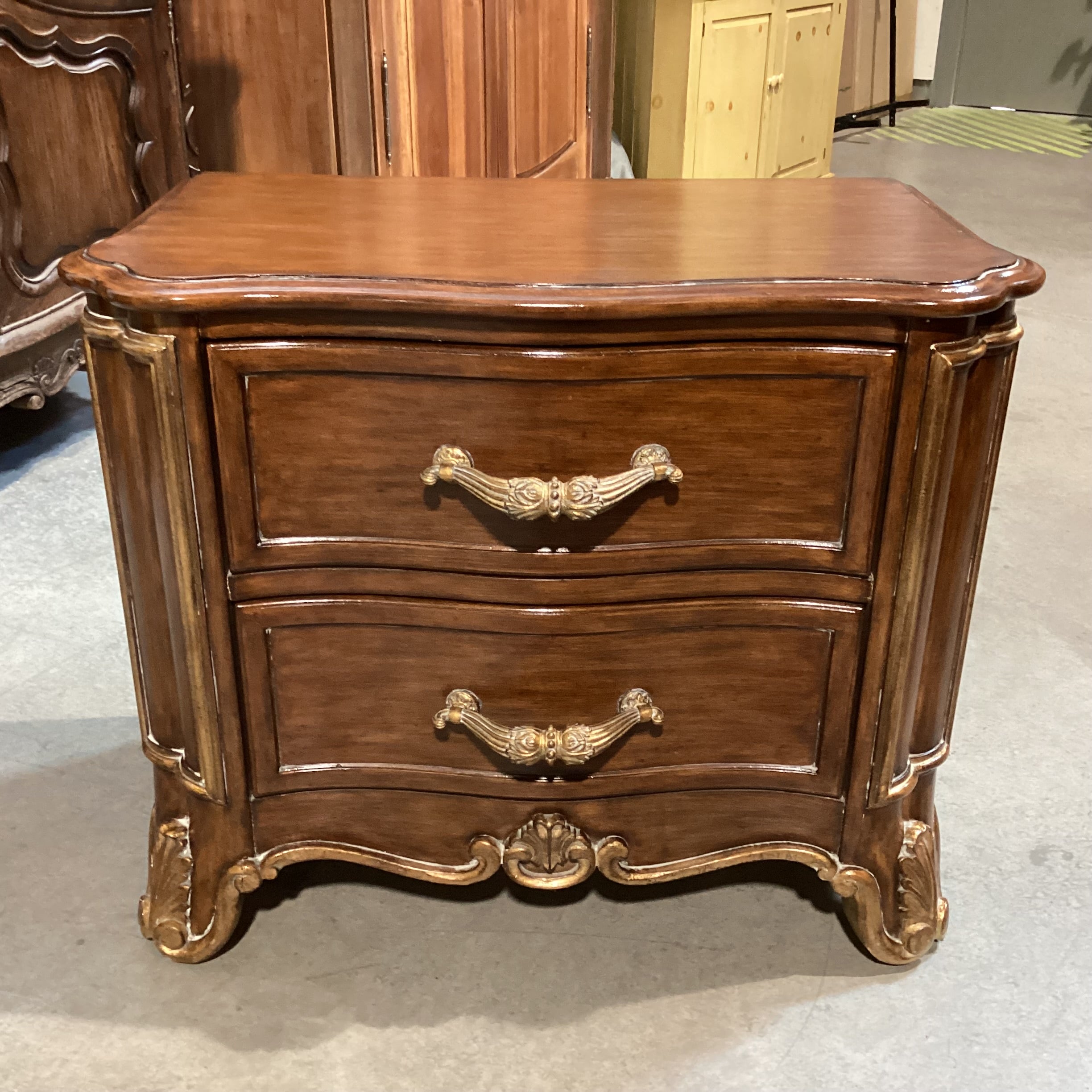 Ornate Carved Wood with Gold Accent 2 Drawer Nightstand 34.5"x 20"x 28"