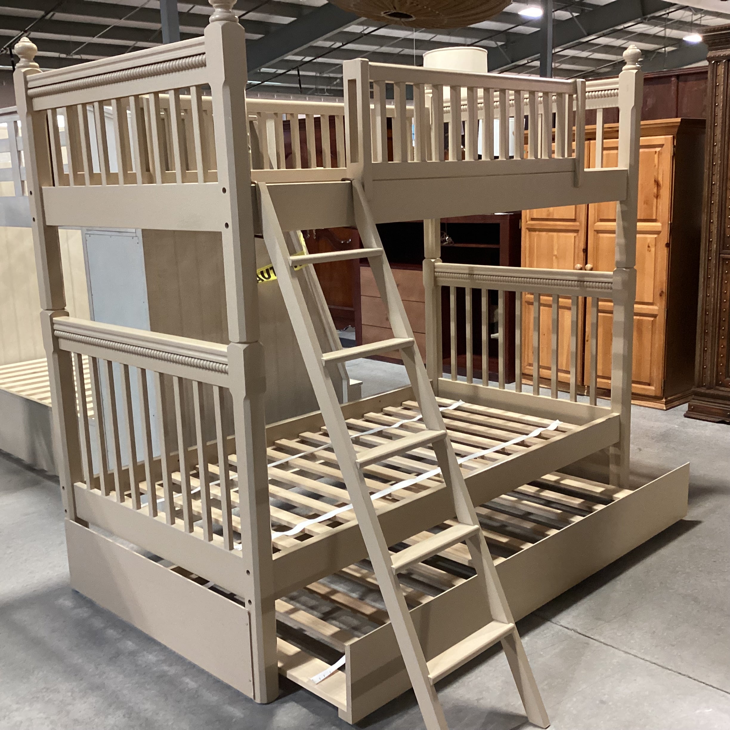 Vermont Tubbs Twin over Twin with Trundle Custom Crafted Sand Finish Carved Wood Bunk Bed Set 44"x 81"x 75"