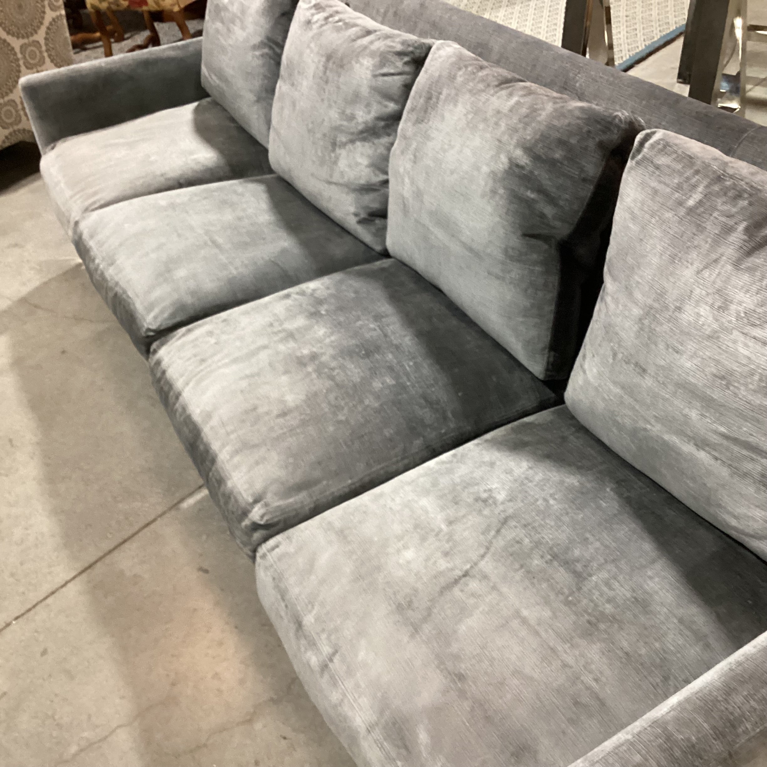 Lee Industries Custom Blue Grey Textured Velvet Down Mix & Chrome Modern Sofa 107"x 36"x 34"