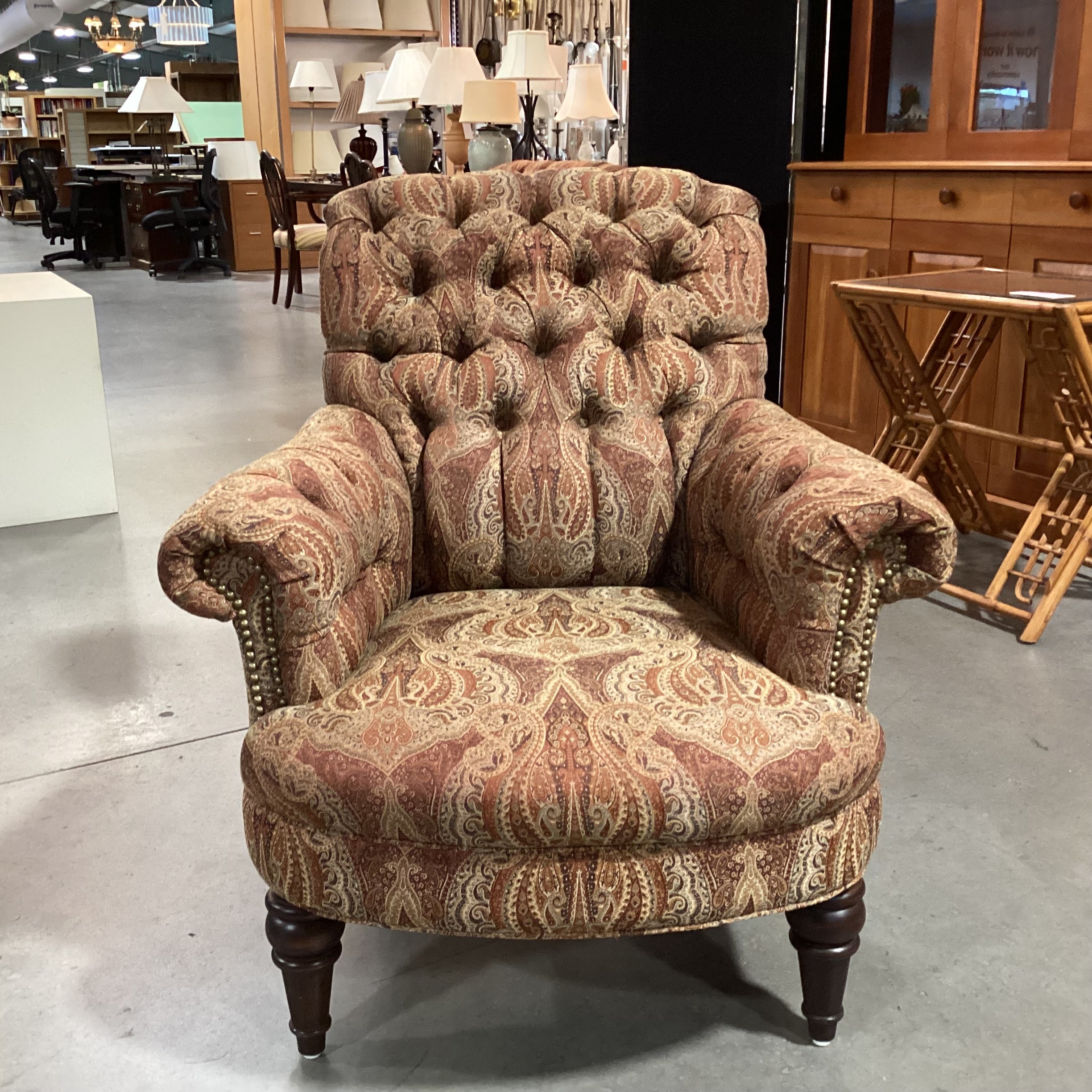 Custom Gold Rust Tan Ornate Paisley Tufted Nailhead with Carved Feet Chair 34"x 38"x 38"