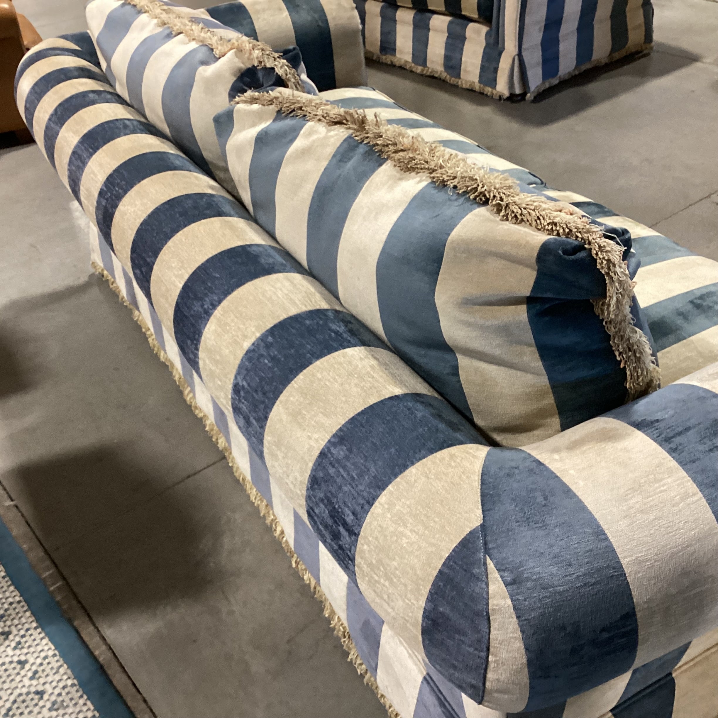Custom Wedgewood Blue & Beige Velvet with Fringe Down Mix Sofa 96"x 44"x 30"