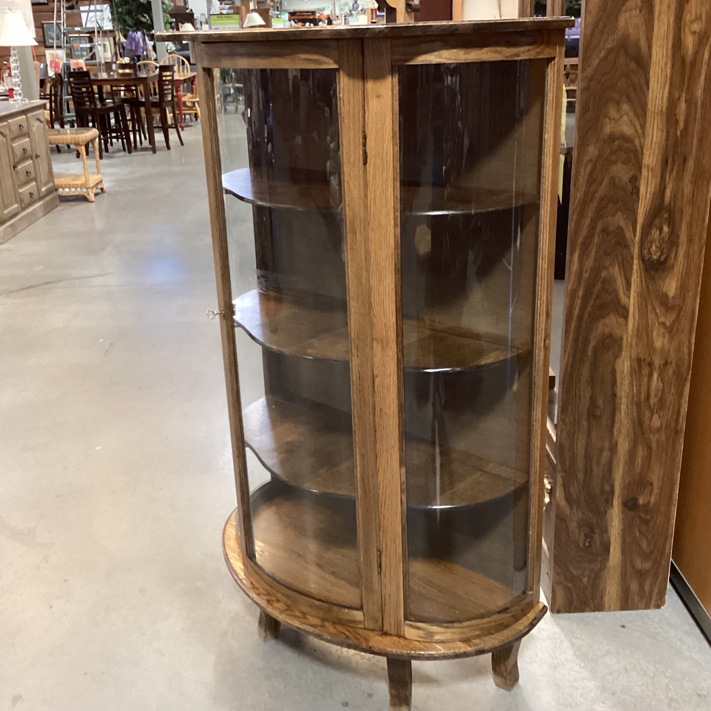 Antique Oak & Glass Curved Front with Shelves & 1 Door Display Hutch 35"x 16"x 58"