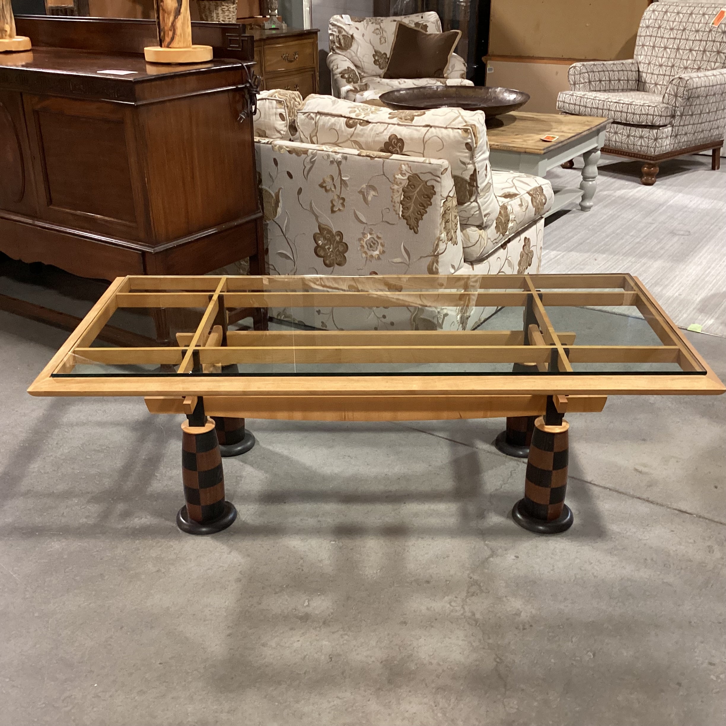 Vintage Mid Century Modern Wood & Glass with Checker Board Pattern Legs Coffee Table 59"x 28"x 19"