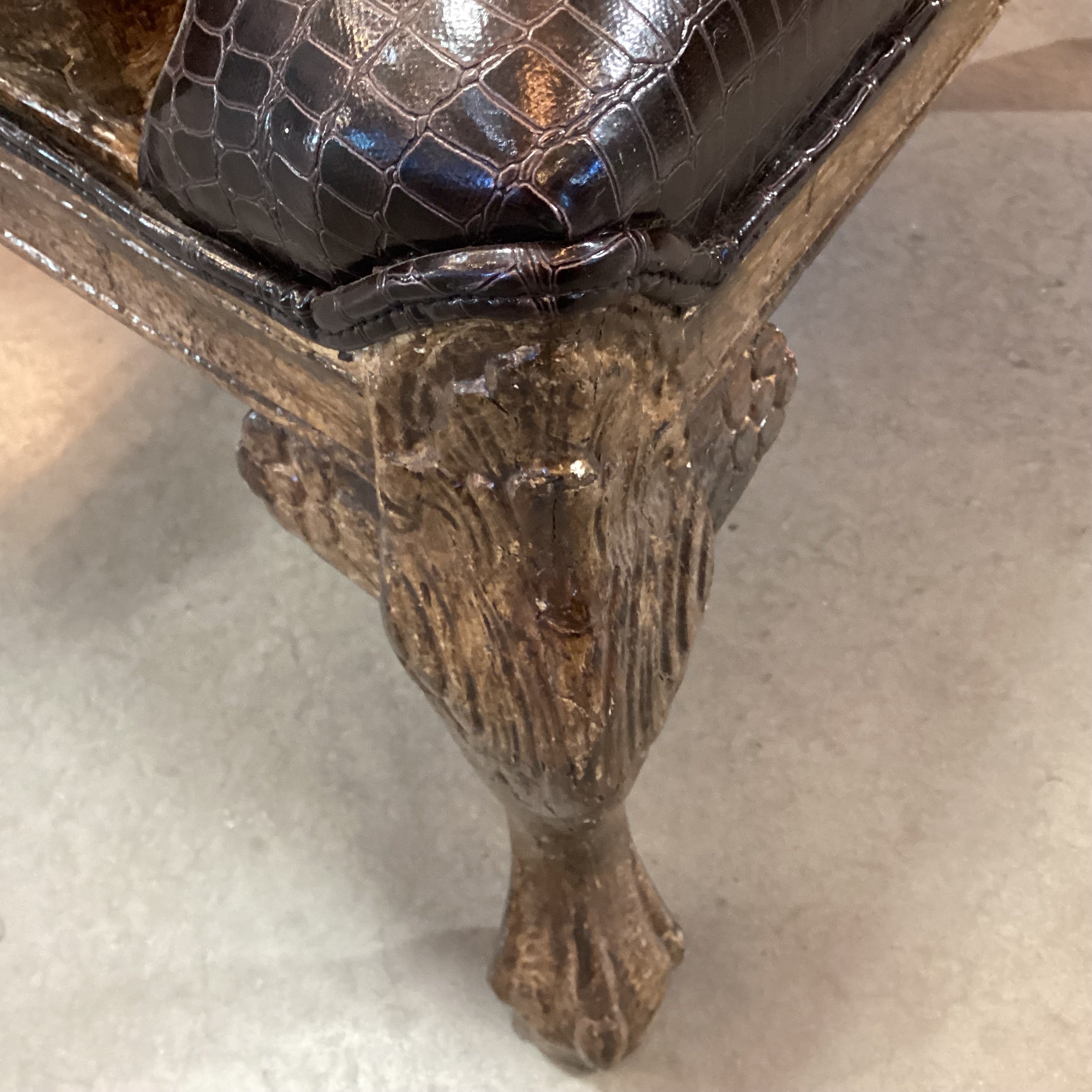 ARA Collection Croc Style Leather Raised Ivory Velvet & Brown Metallic Woven with Crackle Finish Claw & Ball Carved Wood Chair 29"x 32"x 39"