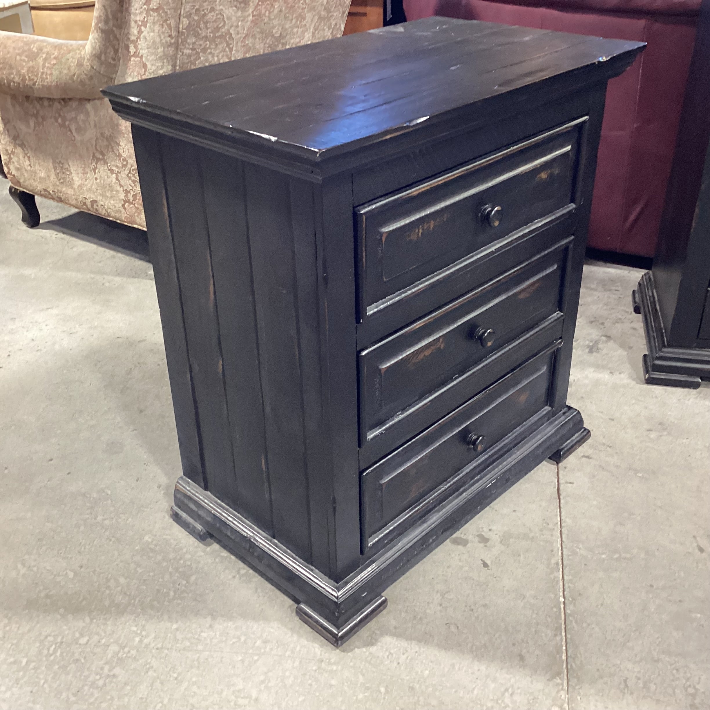 Black Distressed Wood 3 Drawer Chest Nightstand