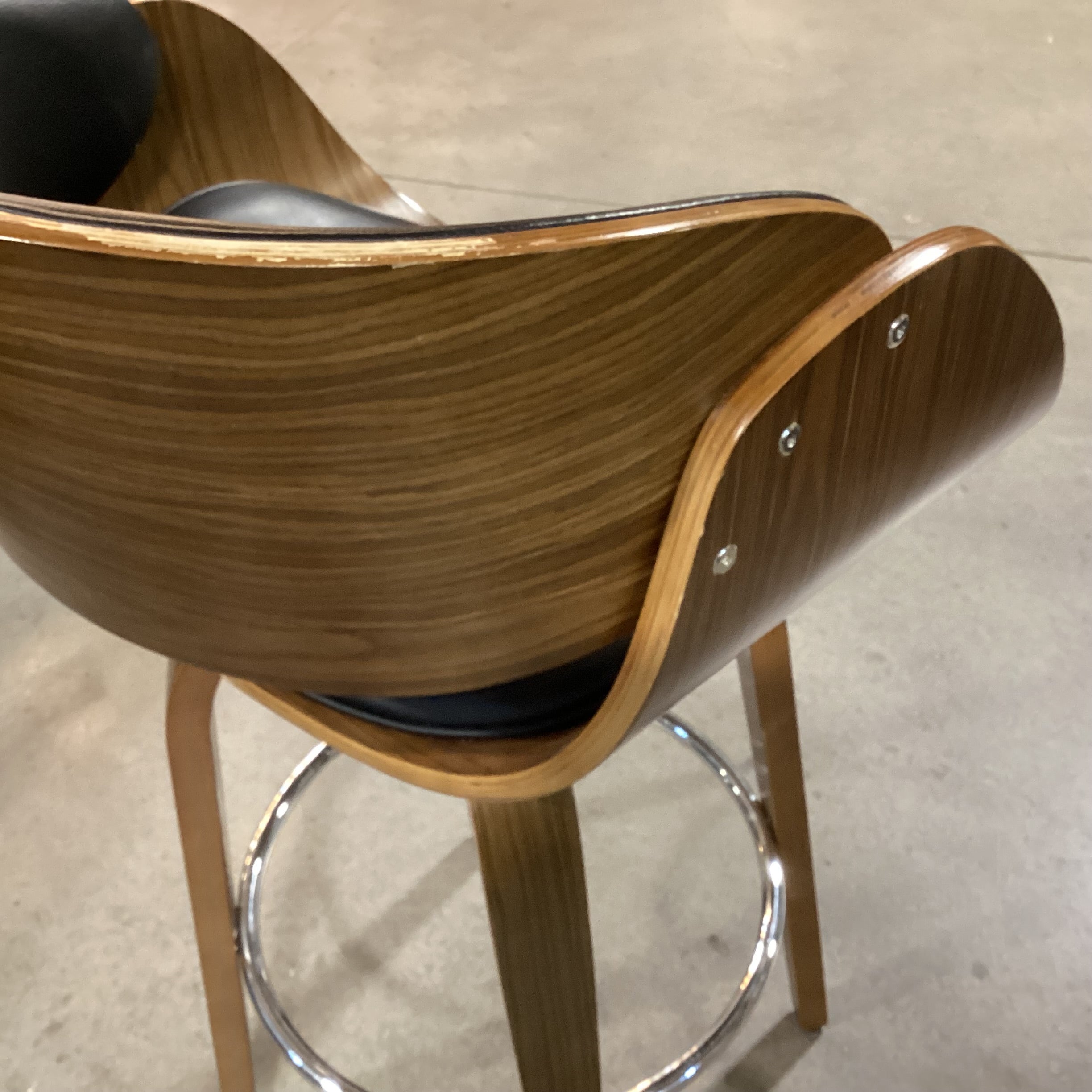 Mid Century Style Pressed Wood & Faux Black Leather Swivel Barstool 30"