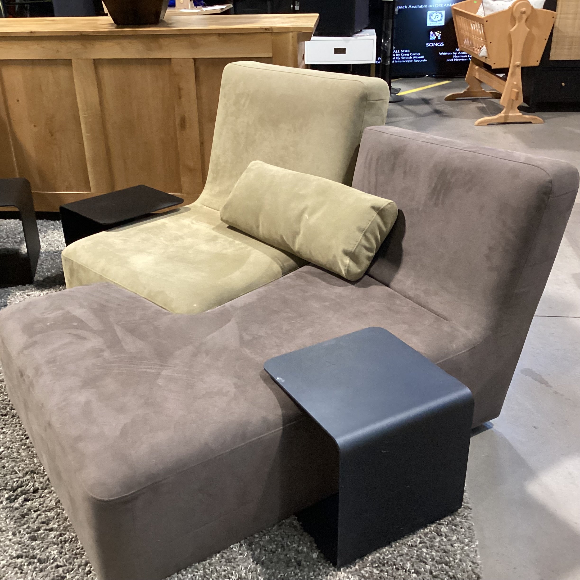 Liqne Roset Confluences by Philippe Nigro Brown & Tan Ultra Suede with 2 Black Iron Side Tables Modular Sectional 59"x 55"x 33"