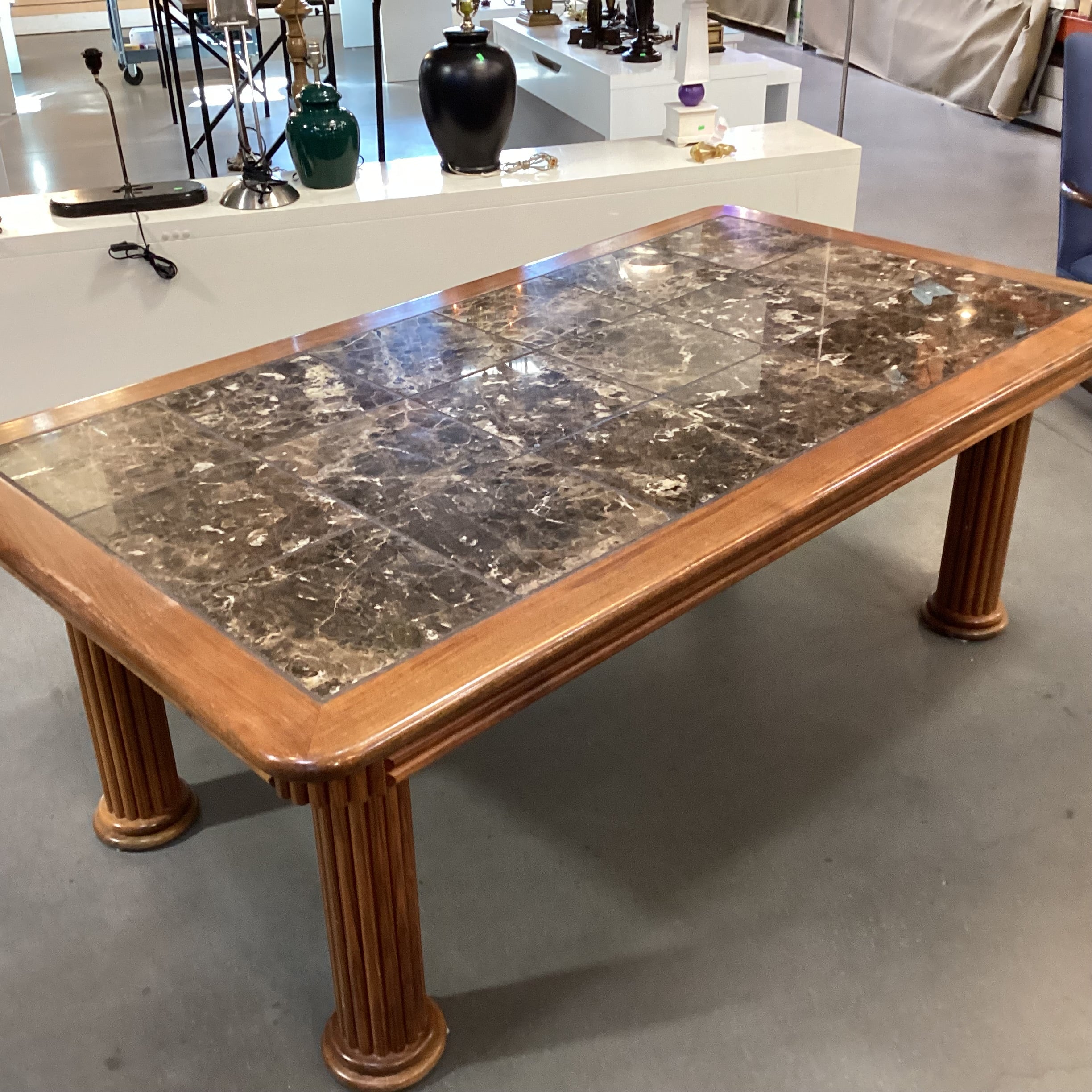 Oak with Ribbed Detail Column Legs & Stone Tile Inset Dining Table 82"x 45"x 30"