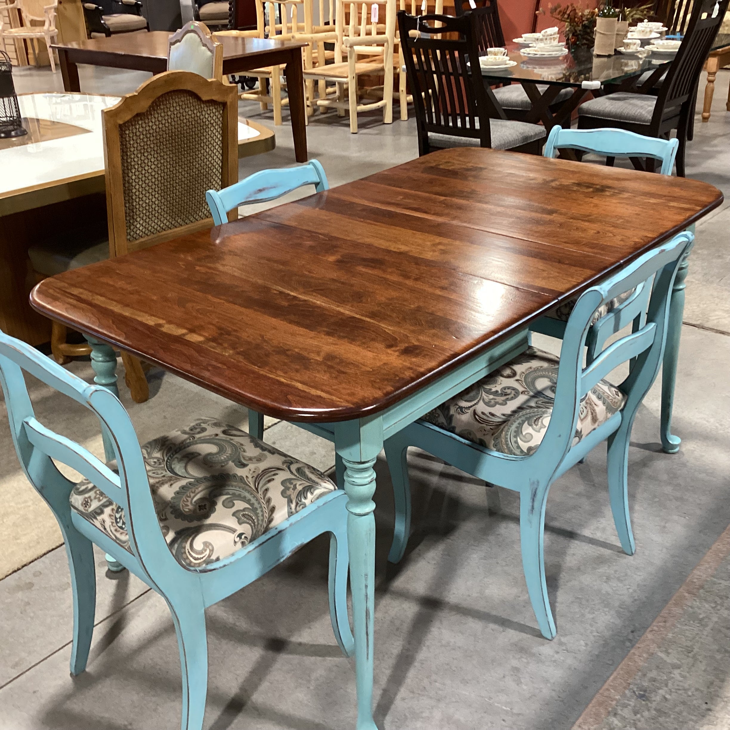 Antique Refinished Blue & Wood Table with 4 Chairs Dining Set 52"x 36"x 30.5"